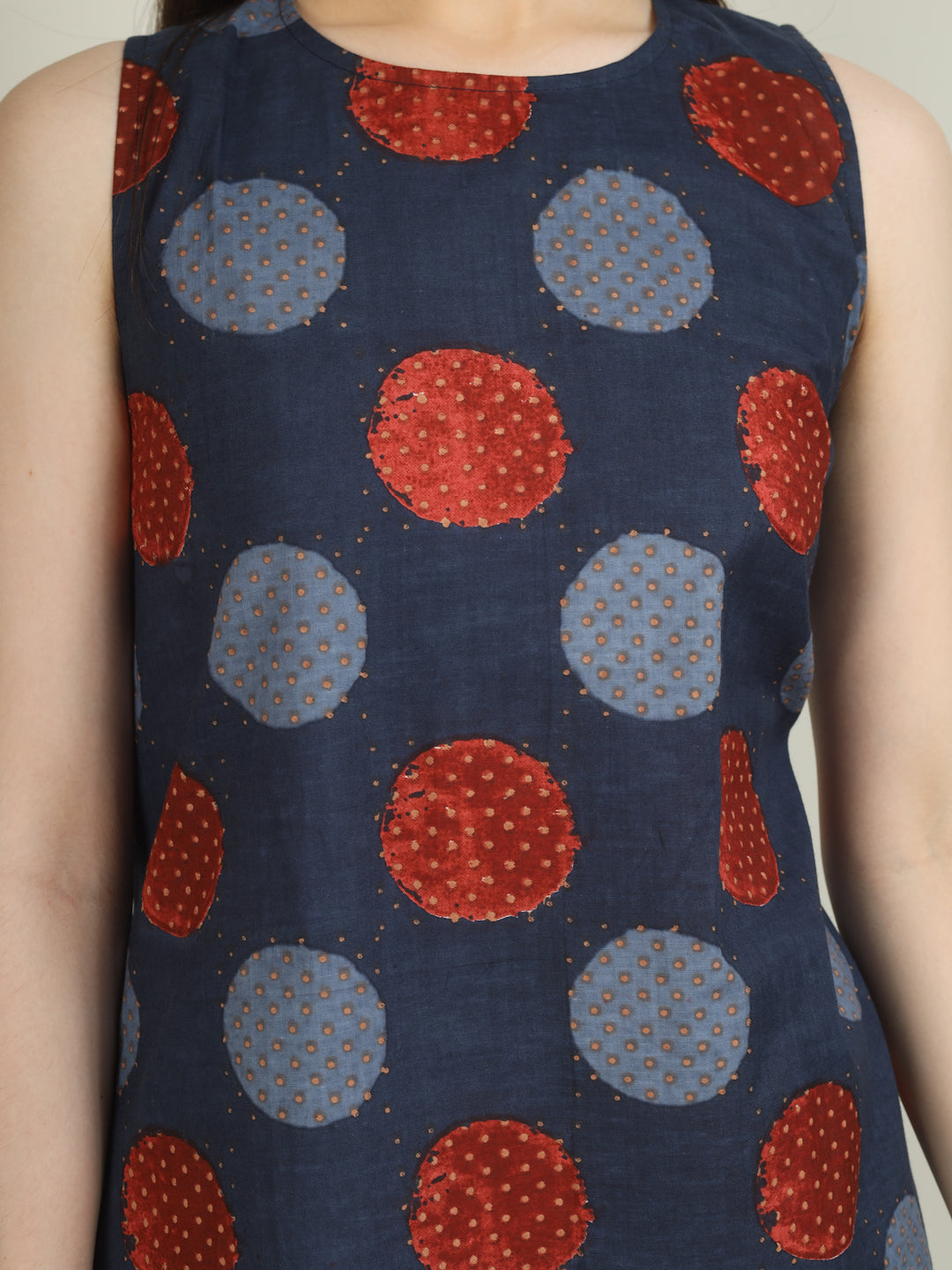 Blue Printed Sleeveless A-Line Cotton Dress