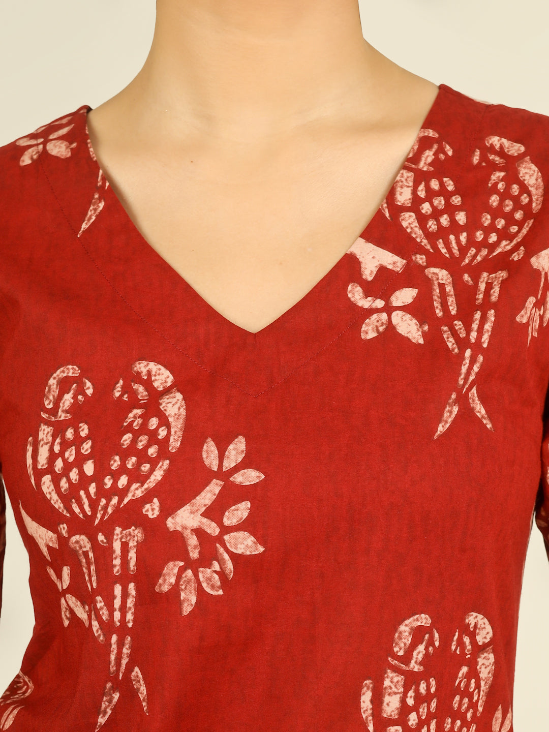Red Printed Half-Sleeve A-Line Short Cotton Dress