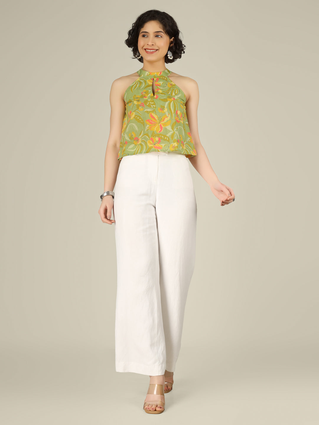 Green Printed Halter Neck Sleeveless Cotton Top