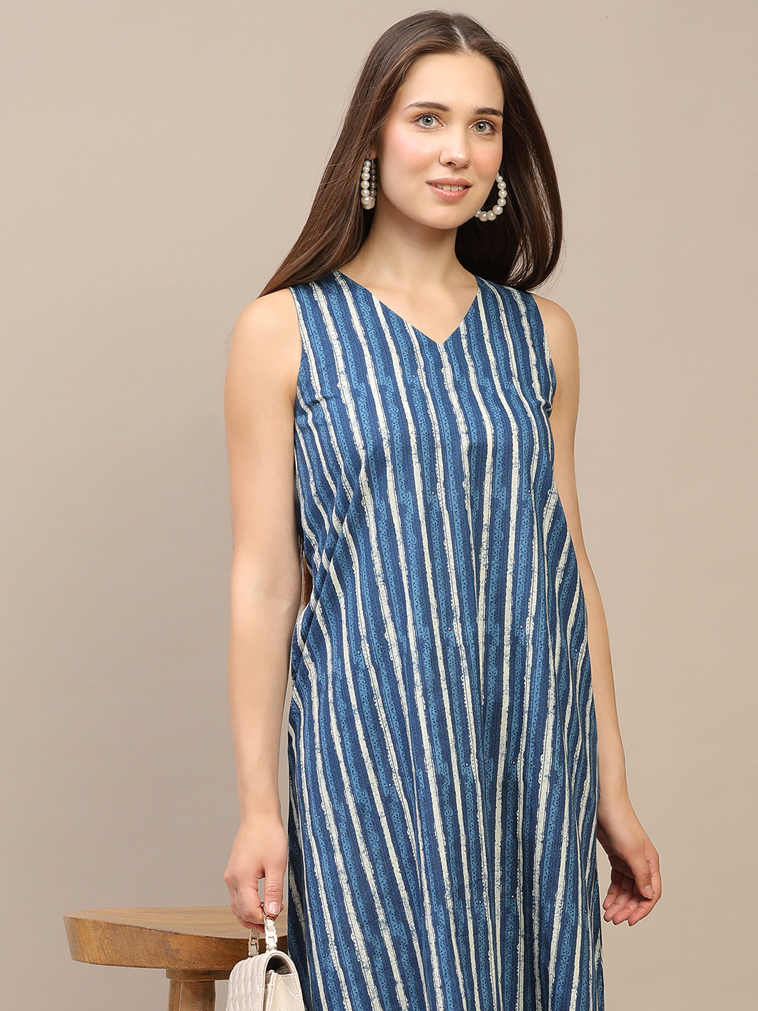 Blue Printed V-Neck Sleeveless A-Line Cotton Dress