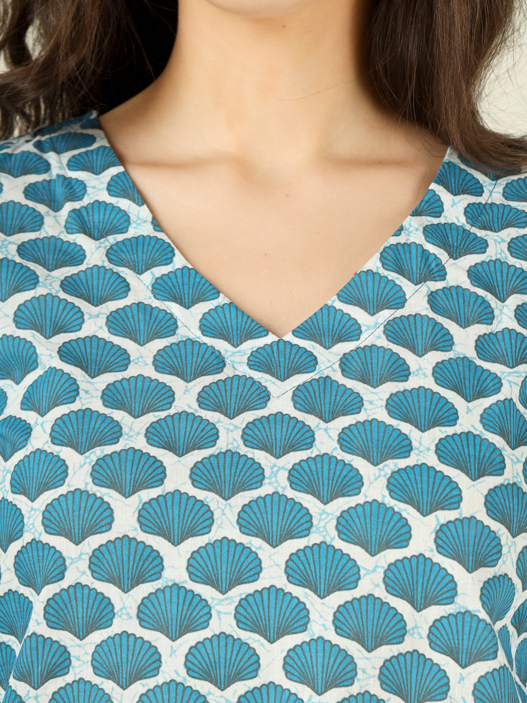 Blue Printed Straight Bell-Sleeves Top