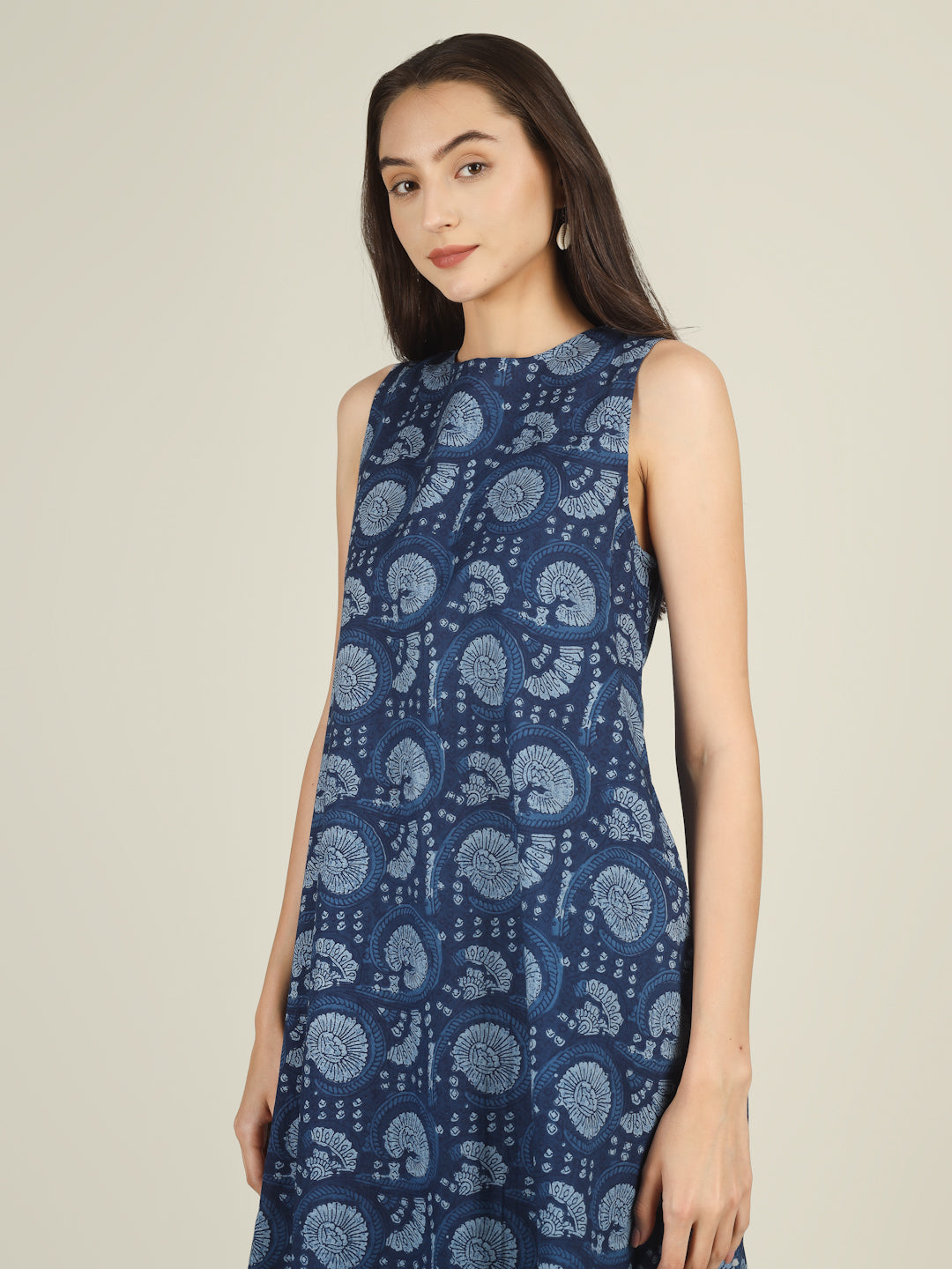 Dark Blue Printed Sleeveless A-Line Cotton Dress