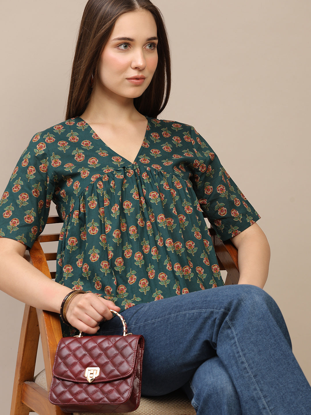 Dark Green Printed Half-Sleeve Alia-Cut Cotton Top