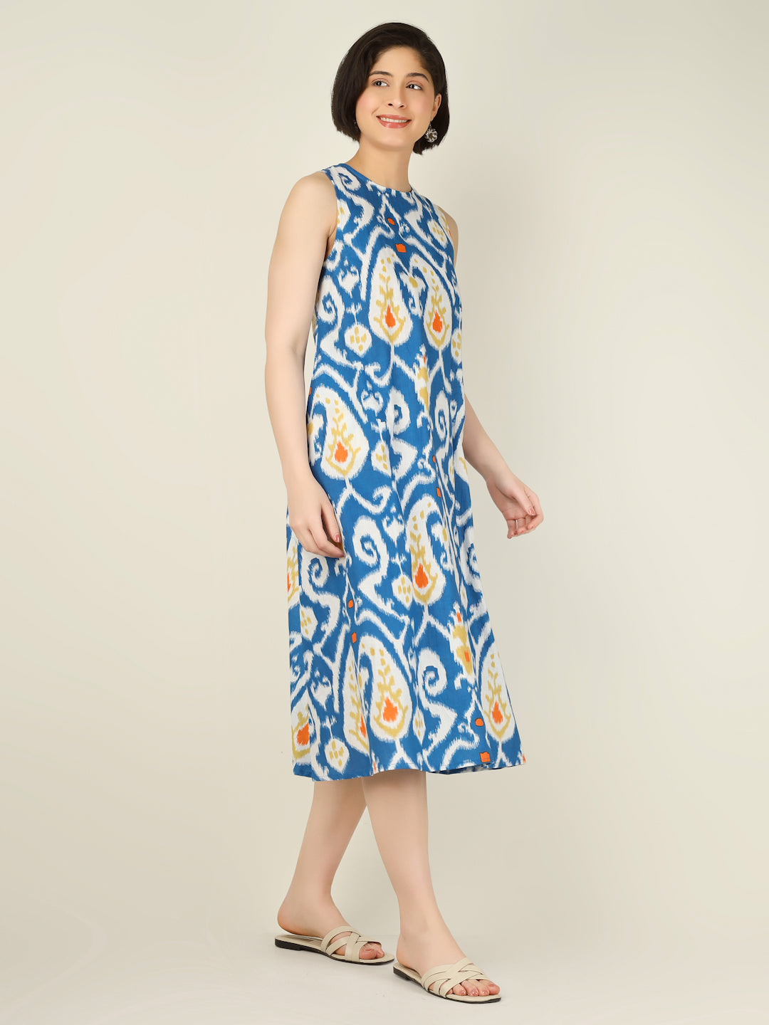 Blue Printed Sleeveless A-Line Cotton Dress