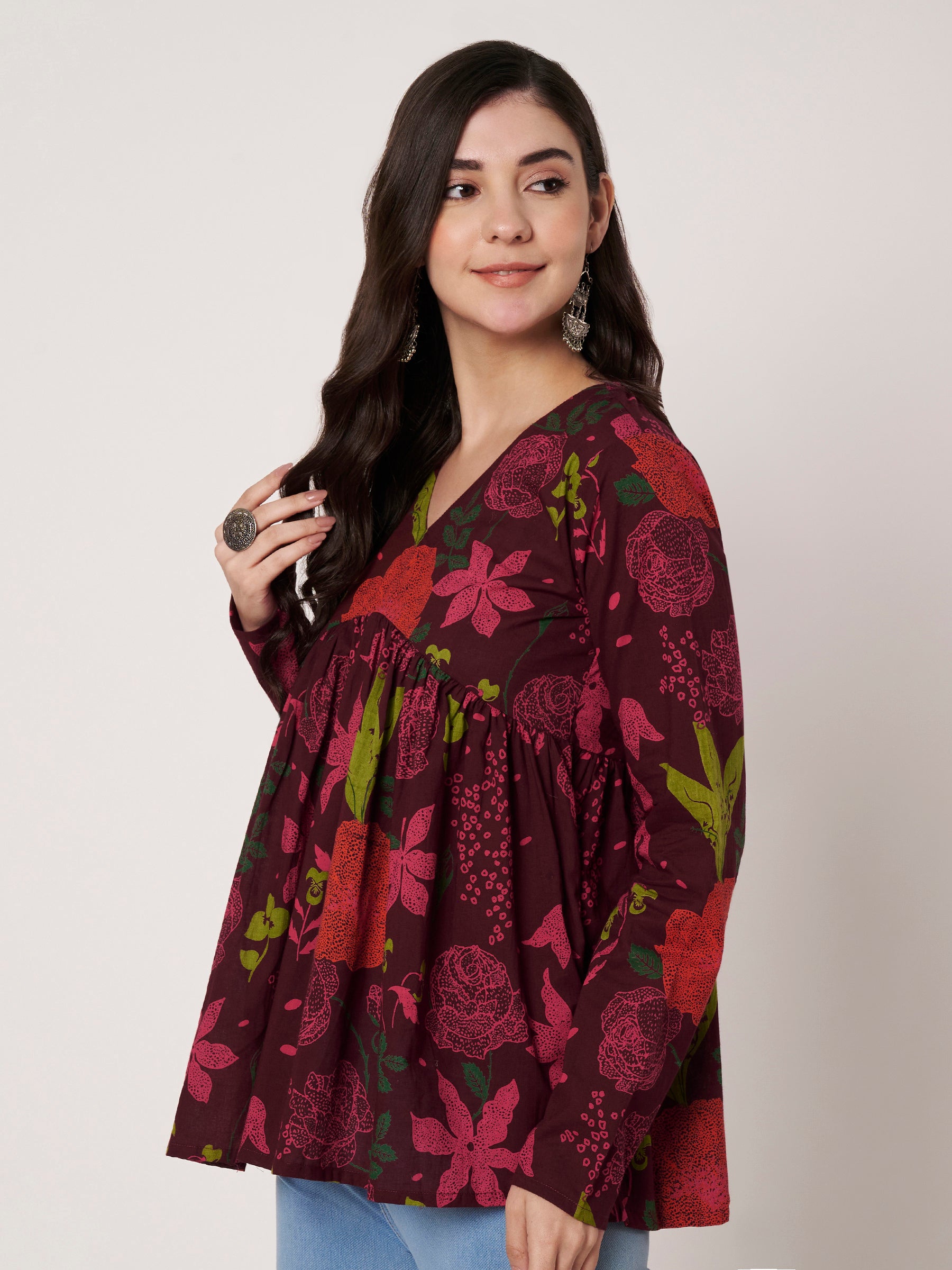 Wine Printed Alia-Cut Cotton Top