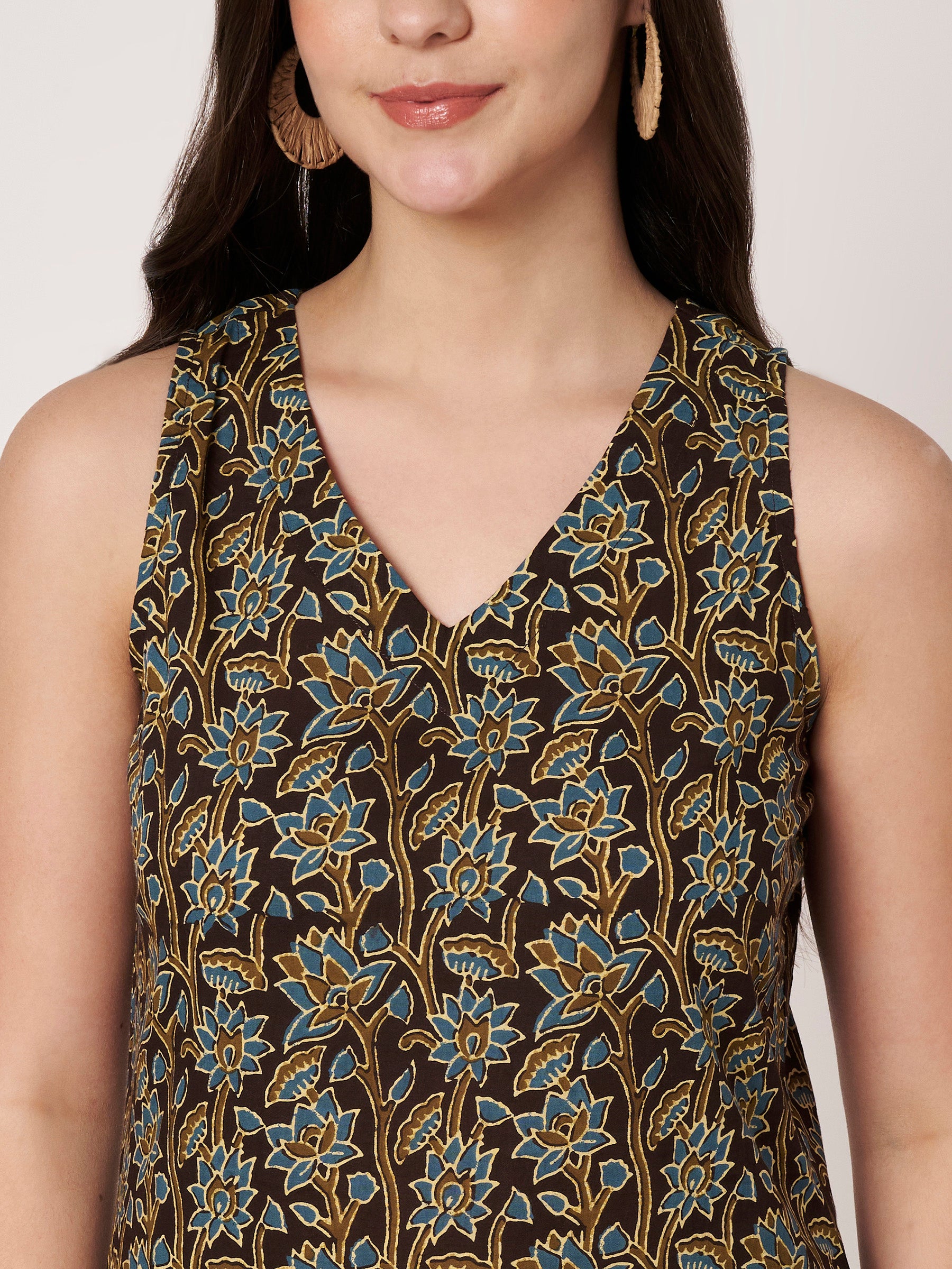 Brown Printed Sleeveless V-Neck Cotton Top