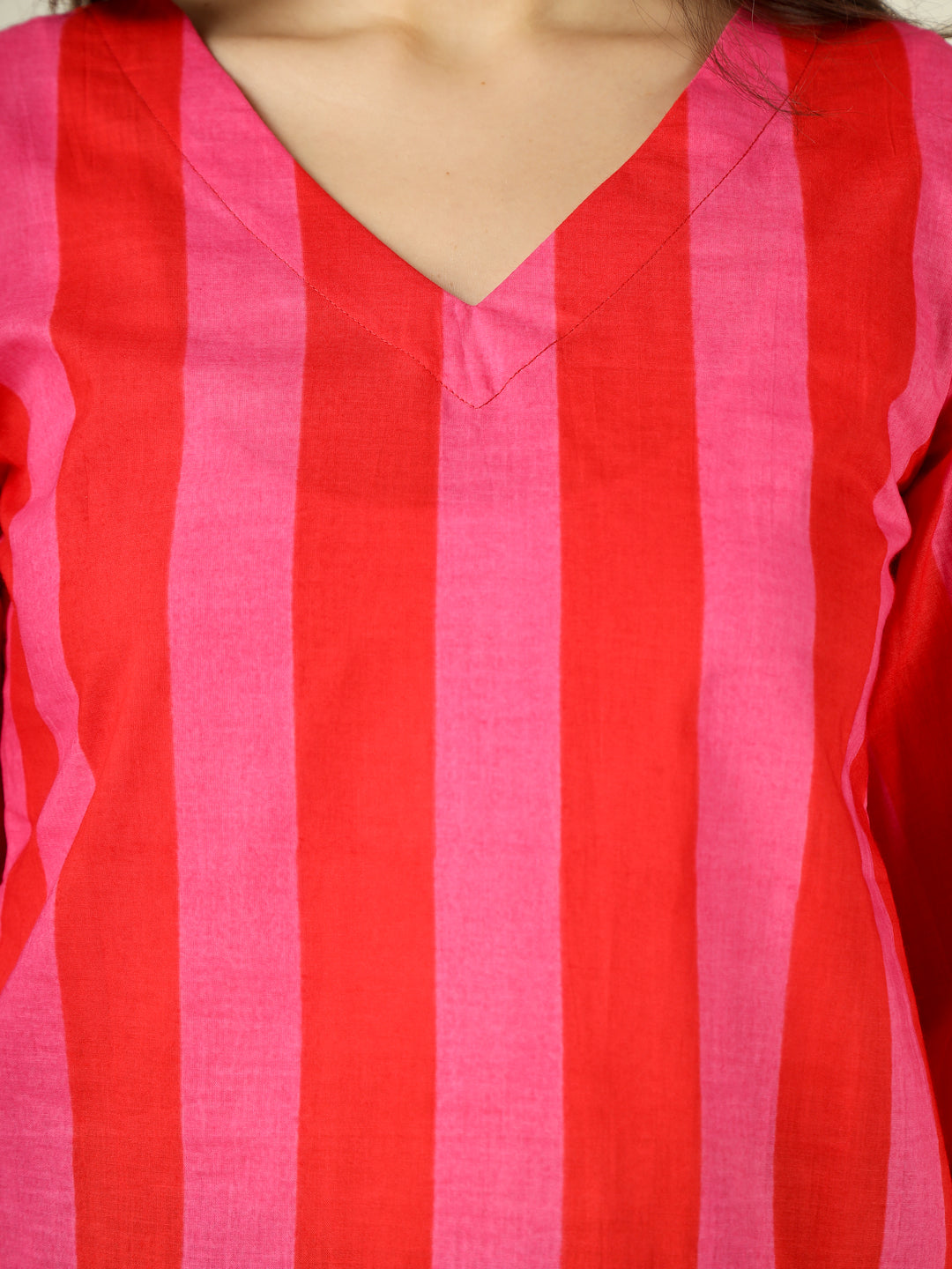 Pink and Red Striped Straight Bell-Sleeves Top