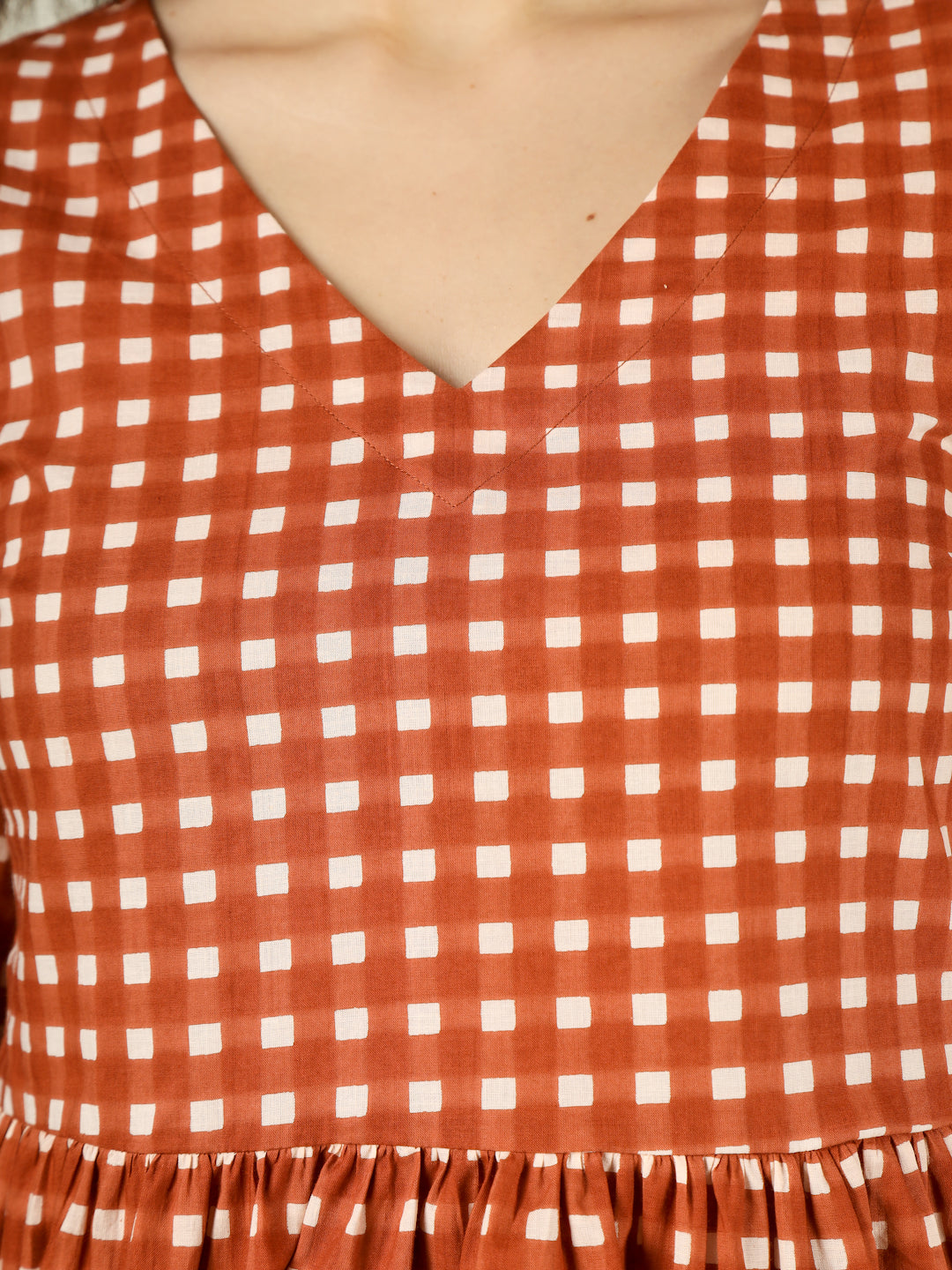 Brown Checked Cotton Peplum Top