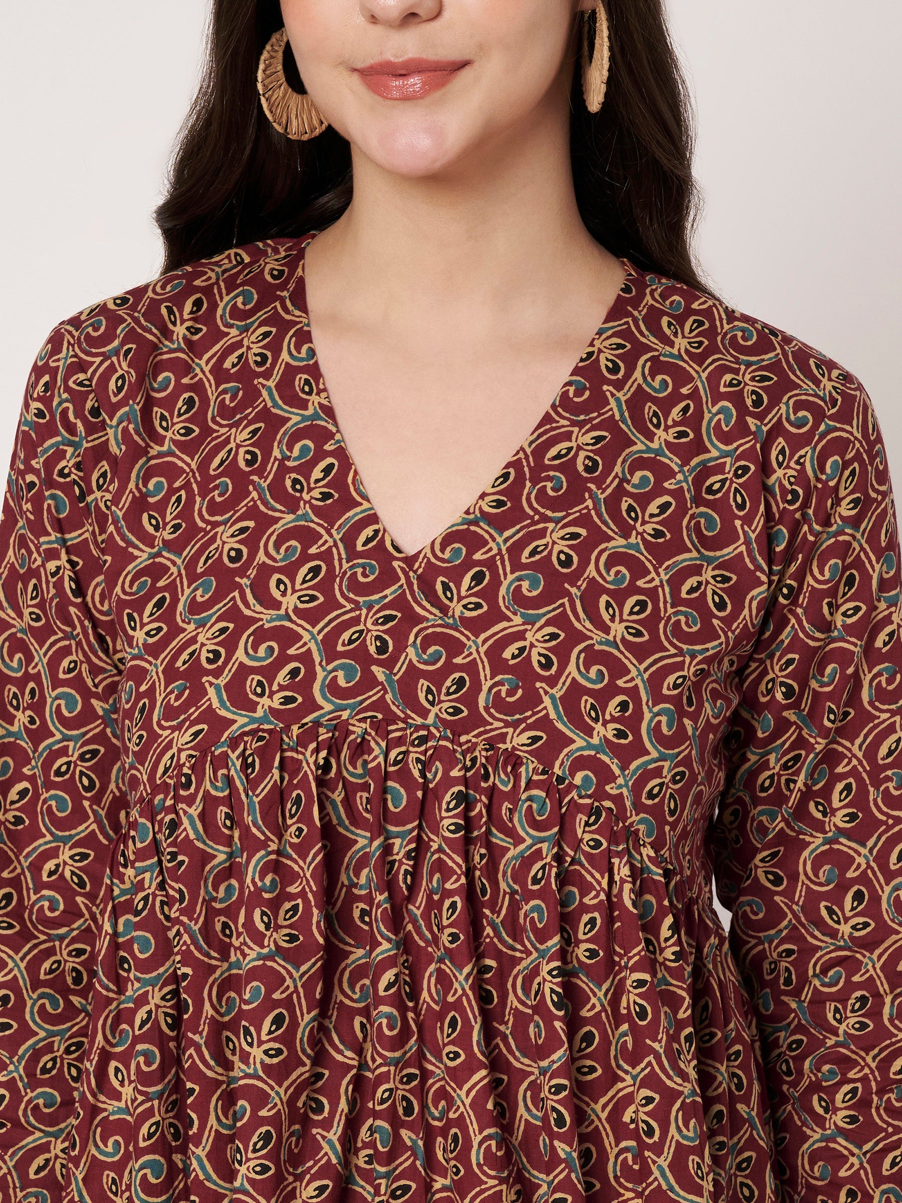 Maroon Printed Alia-Cut Cotton Top