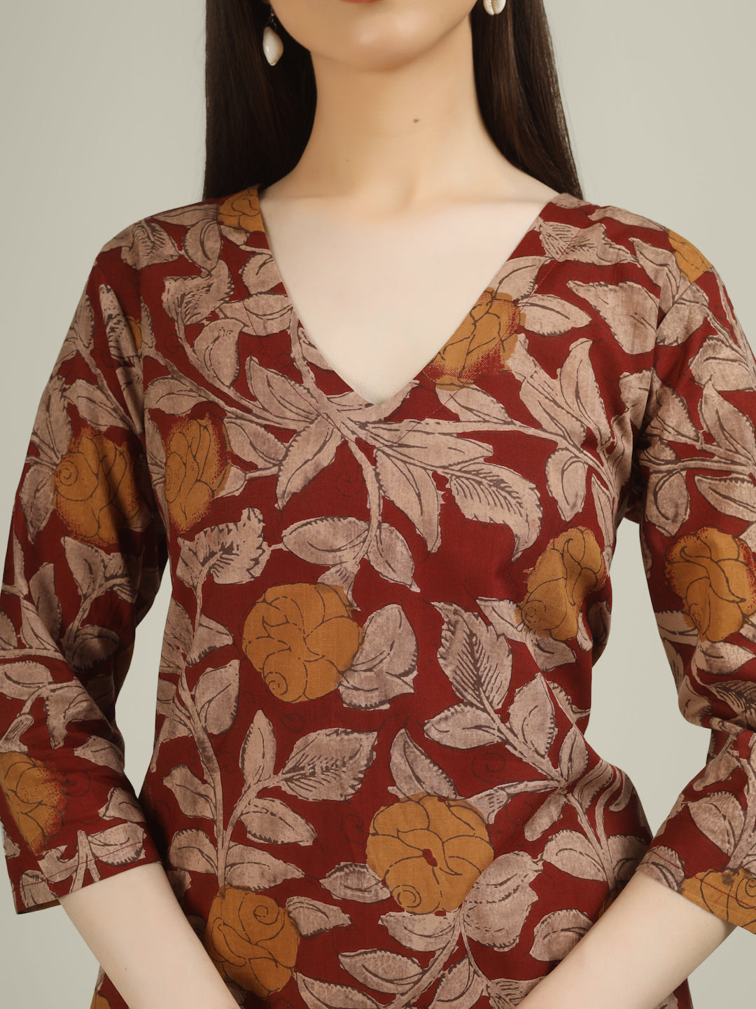 Maroon Printed 3/4th Sleeve A-Line Cotton Dress