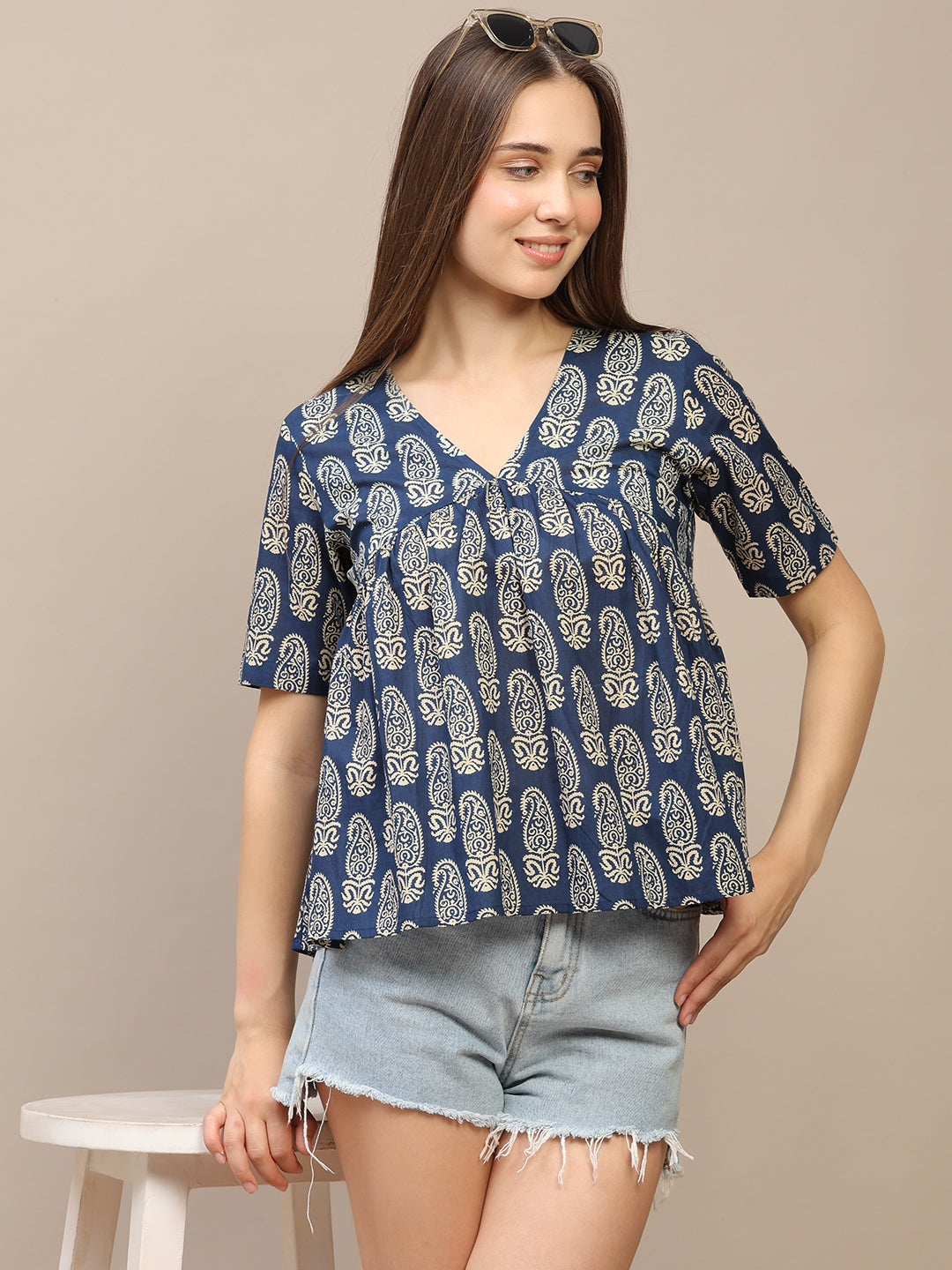 Blue Printed Half-Sleeve Alia-Cut Cotton Top