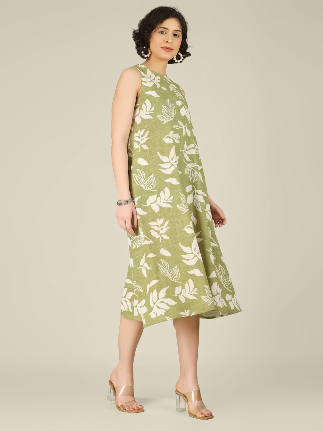 Sage Green Printed Sleeveless A-Line Cotton Dress