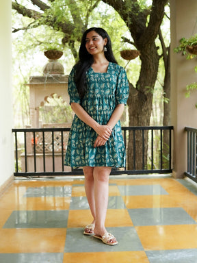 Teal Green Printed Short Cotton Dress