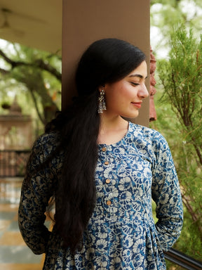 Blue Printed Flared Cotton Dress