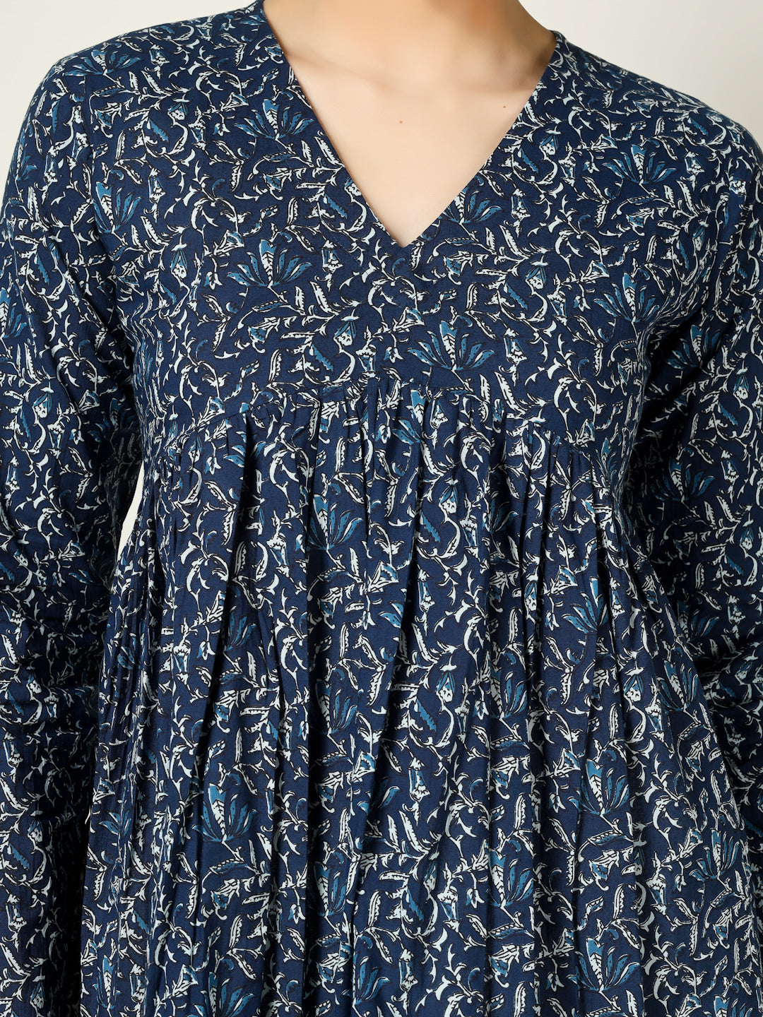 Blue Printed Full-Sleeve Alia-Cut Cotton Top