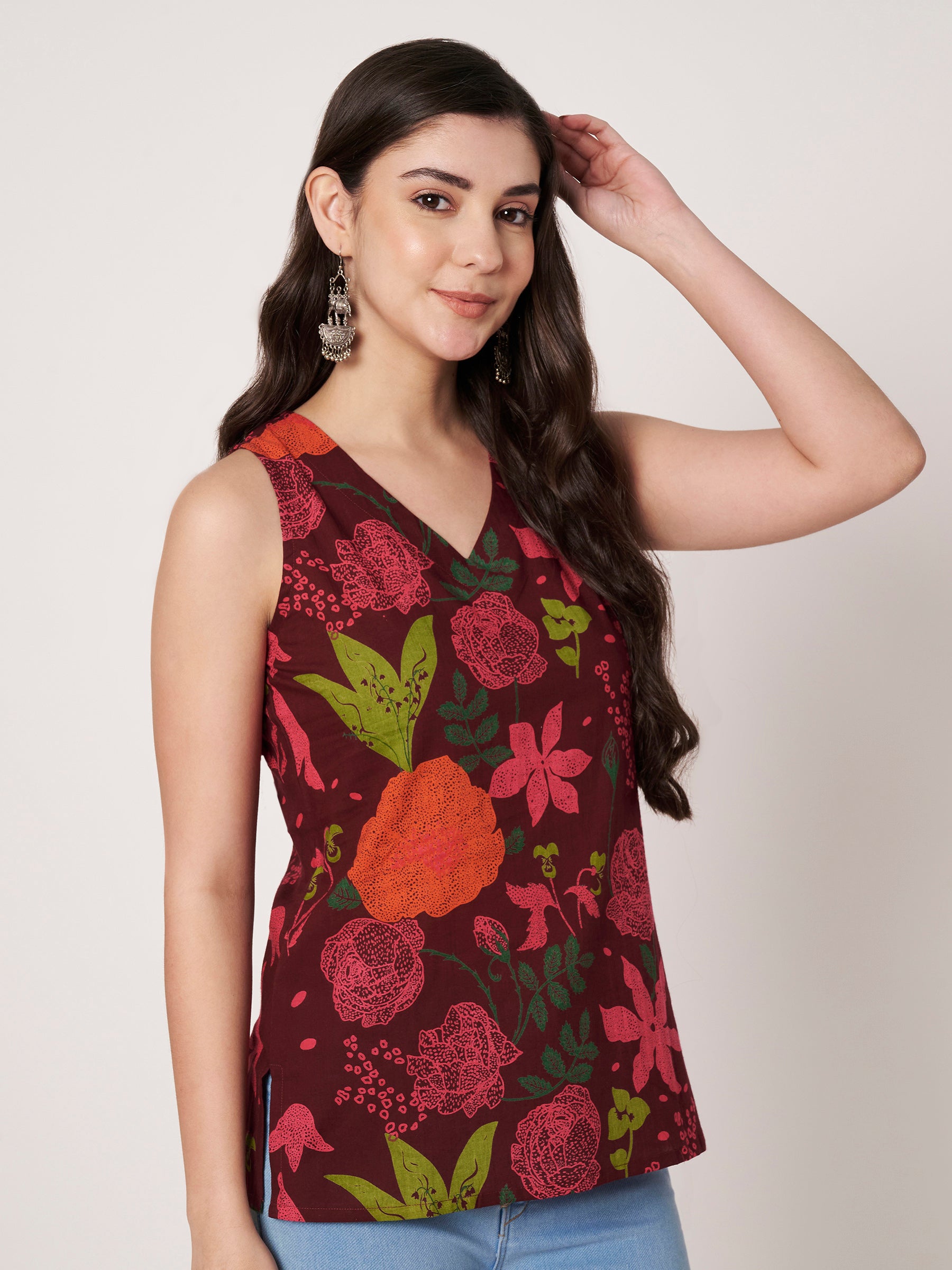 Wine Printed Sleeveless V-Neck Cotton Top
