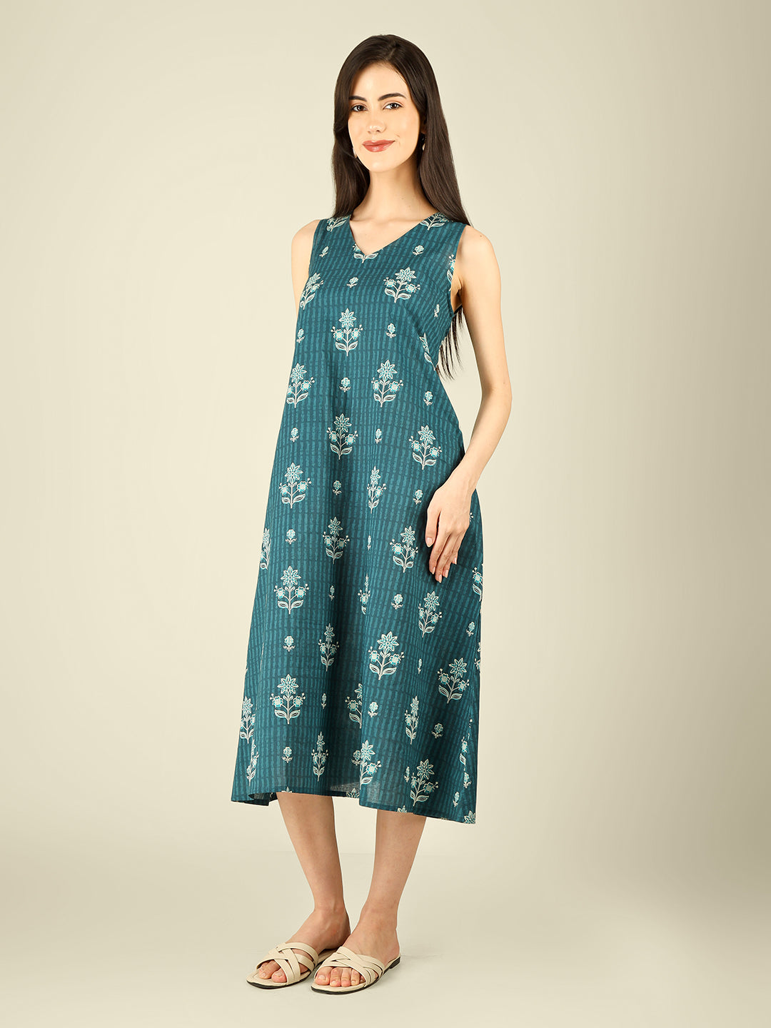 Teal Blue Printed V-Neck Sleeveless A-Line Cotton Dress