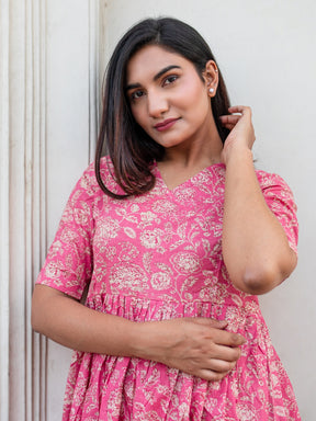 Pink Printed Flared Cotton Dress