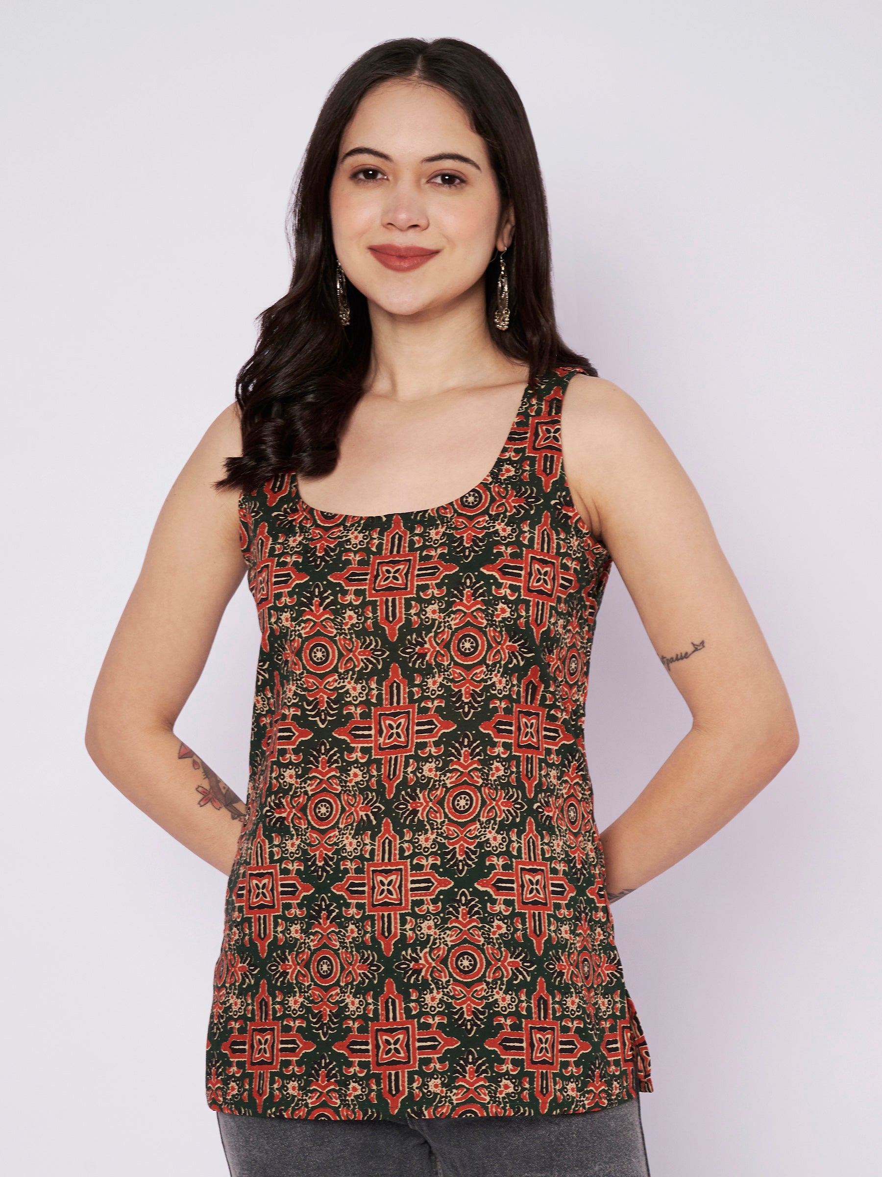 Dark Green Printed Sleeveless Cotton Top