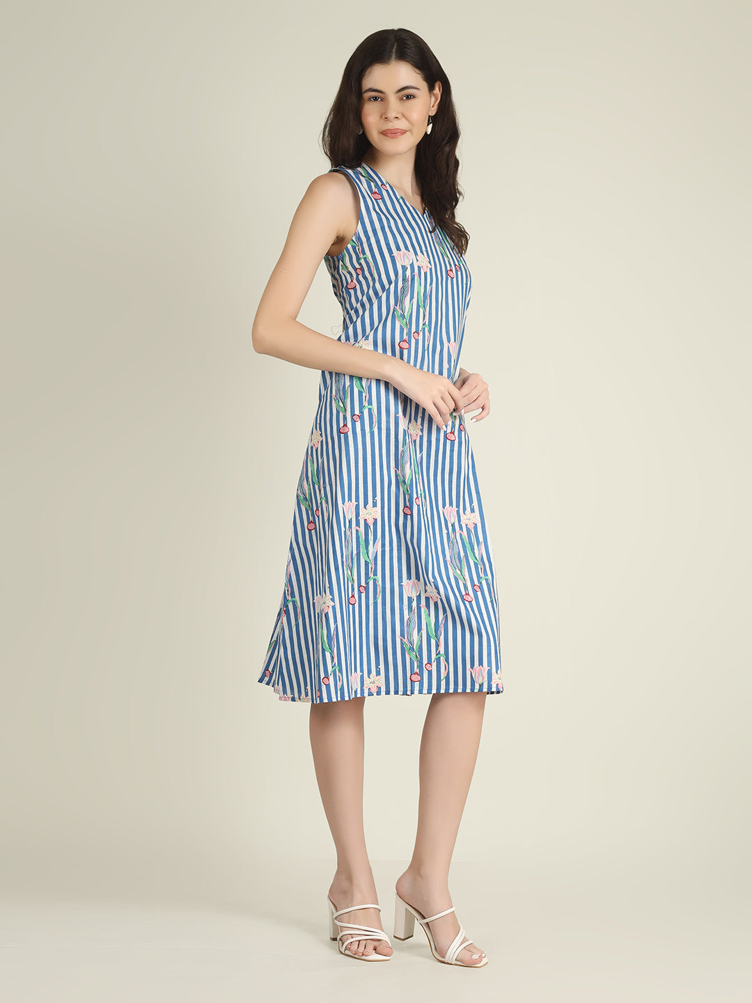 Sky Blue Striped Sleeveless V-Neck A-Line Cotton Dress