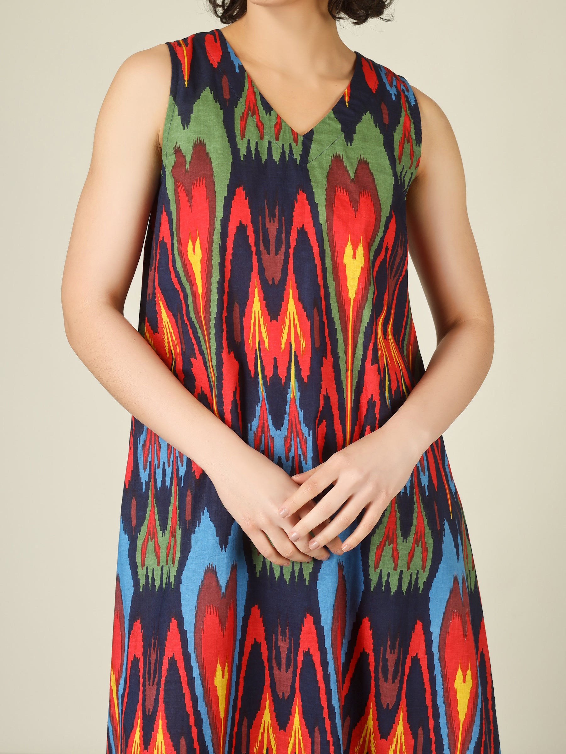 Navy Blue Printed V-Neck Sleeveless A-Line Cotton Dress