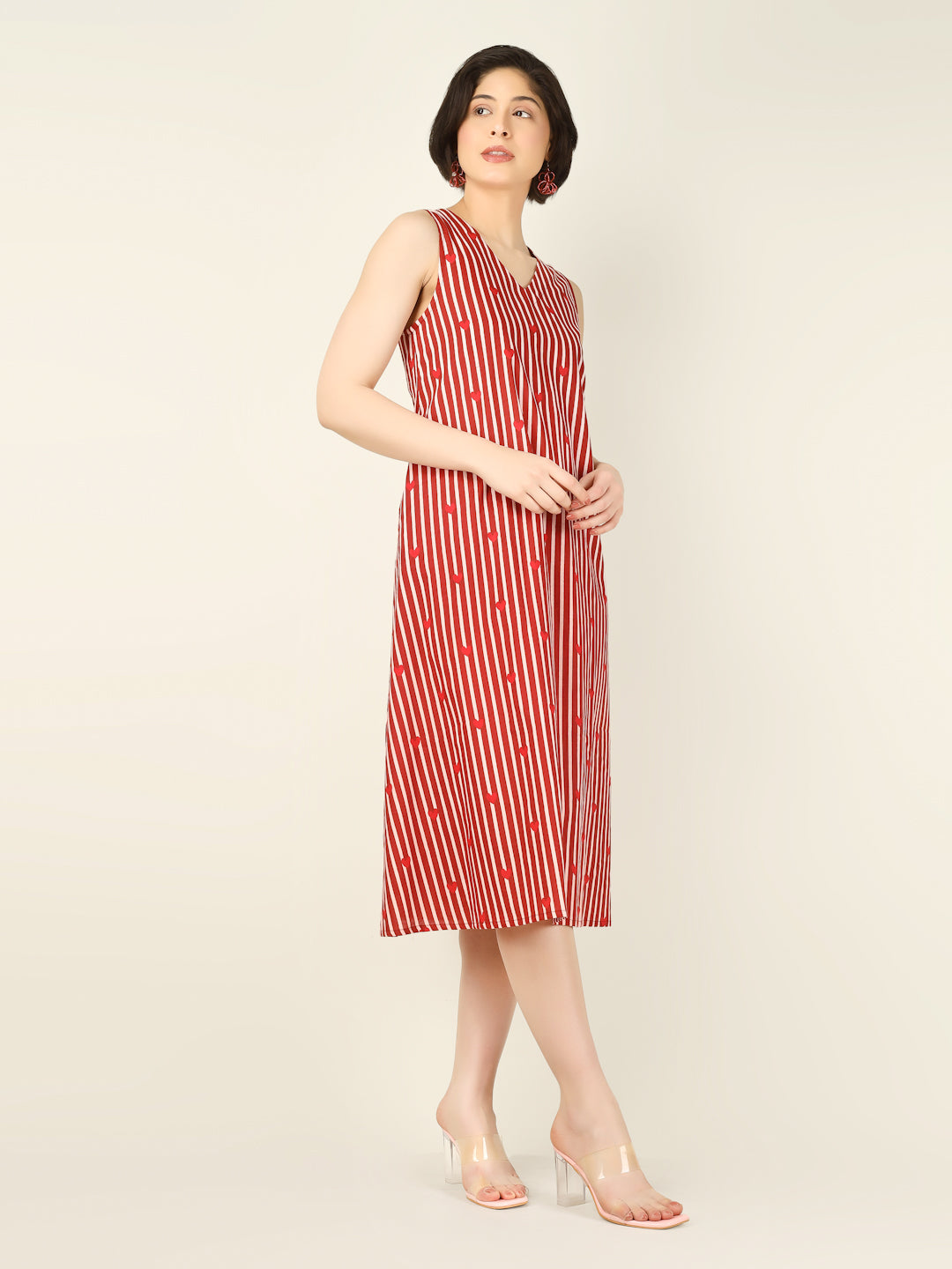 Red Striped Sleeveless V-Neck A-Line Cotton Dress