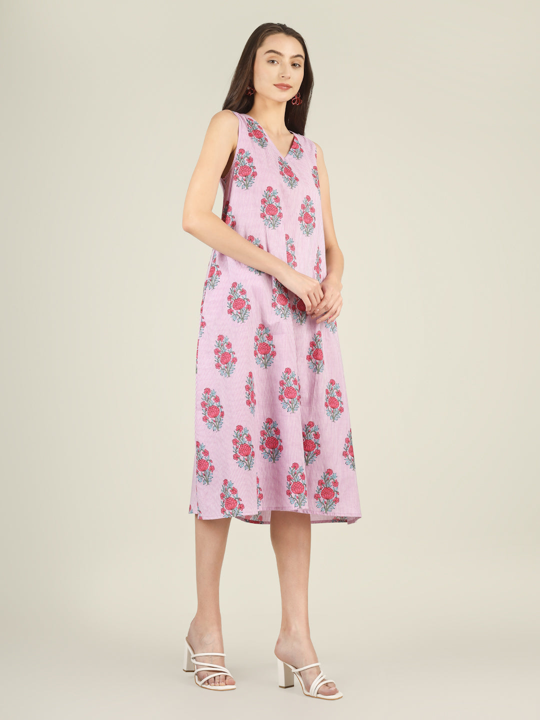 Baby Pink Striped V-Neck Sleeveless A-Line Cotton Dress