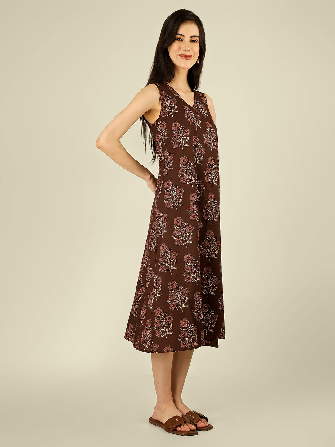 Brown Printed V-Neck Sleeveless A-Line Cotton Dress