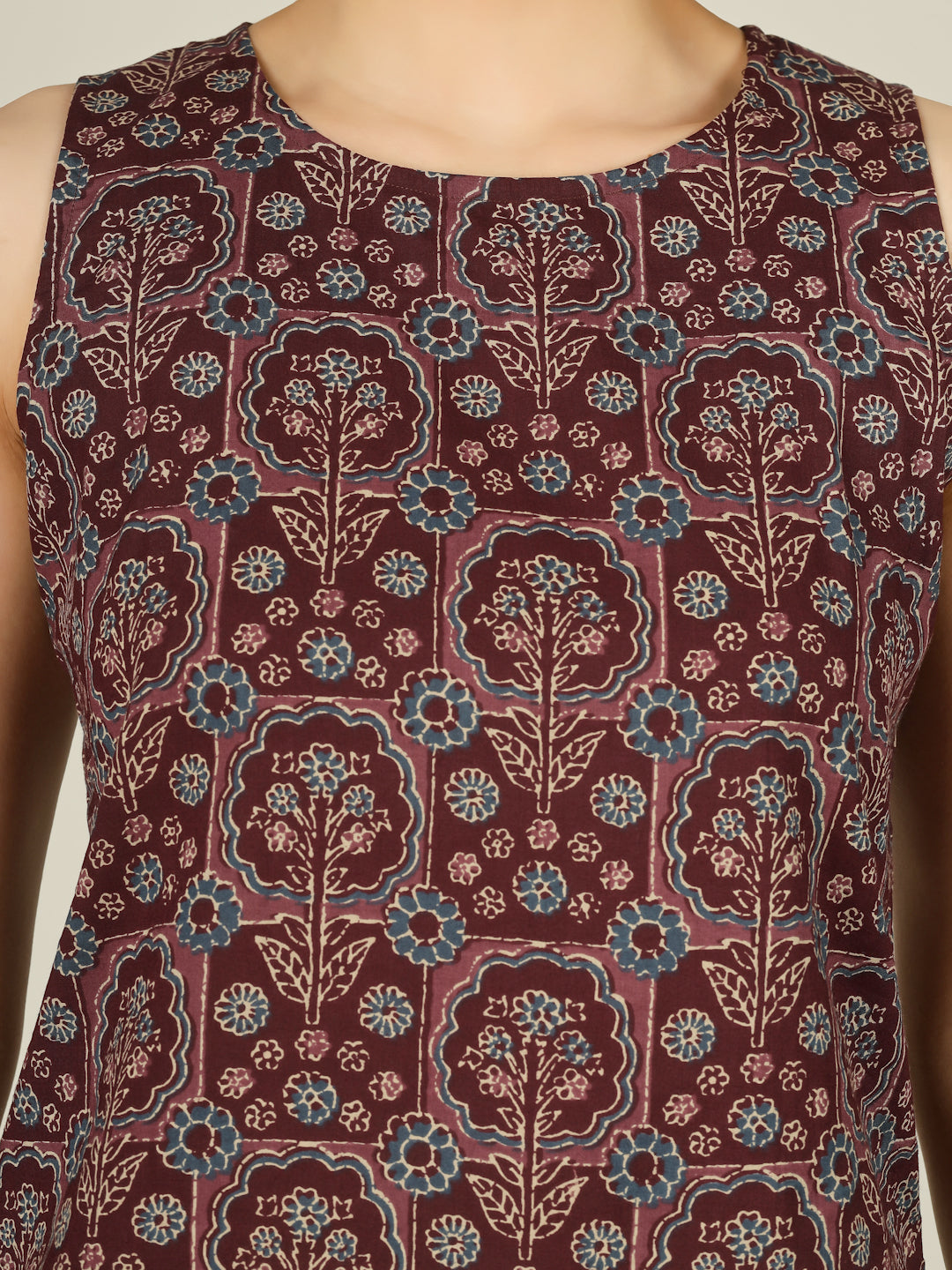 Brown Printed Round Neck Sleeveless Cotton Top