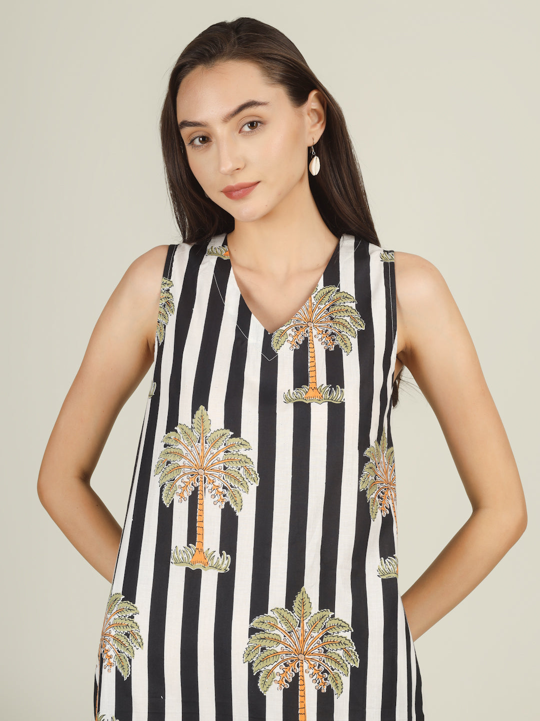 Black Striped V-Neck Sleeveless A-Line Cotton Dress