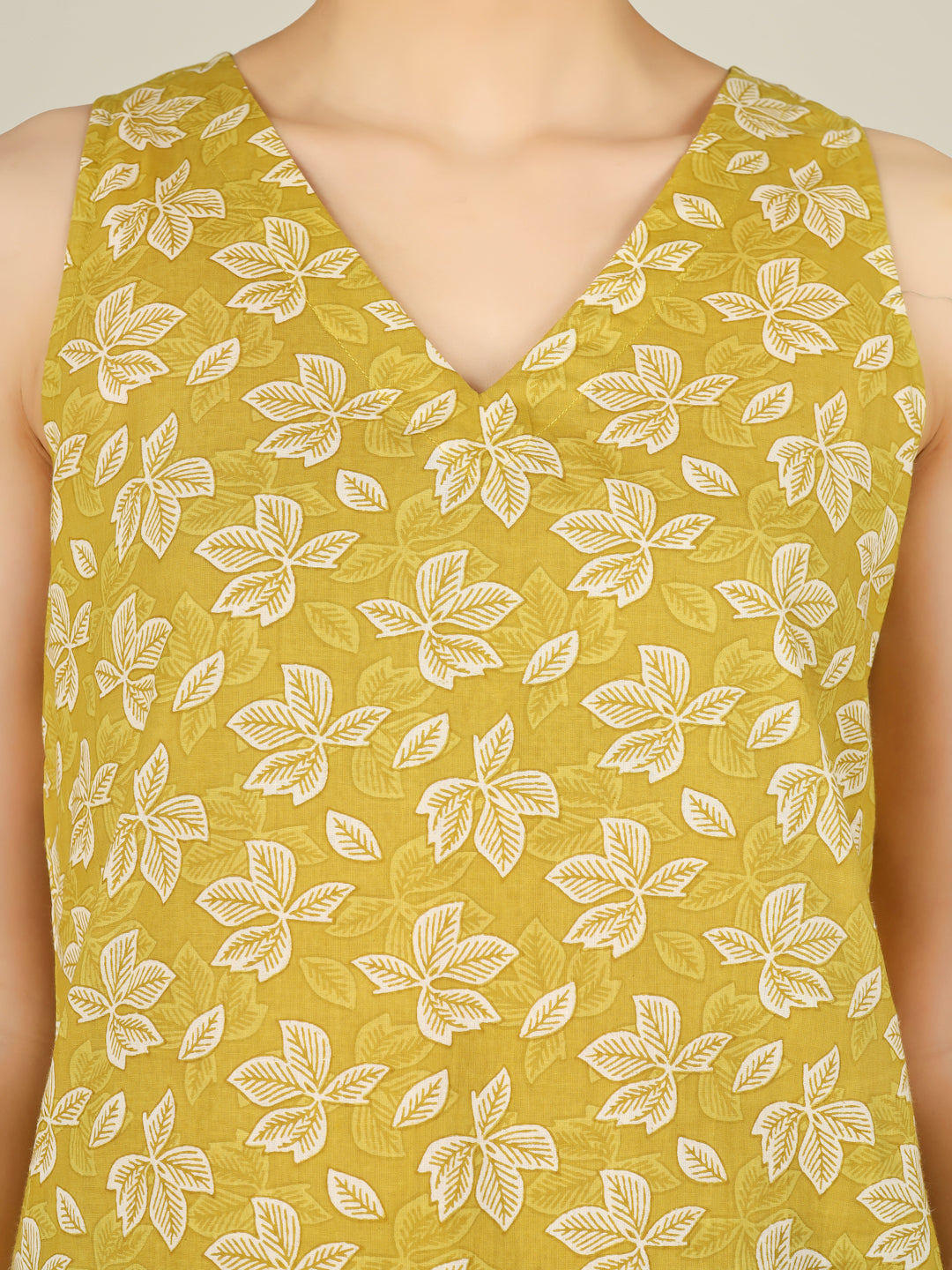 Yellow Printed Sleeveless V-Neck Cotton Top