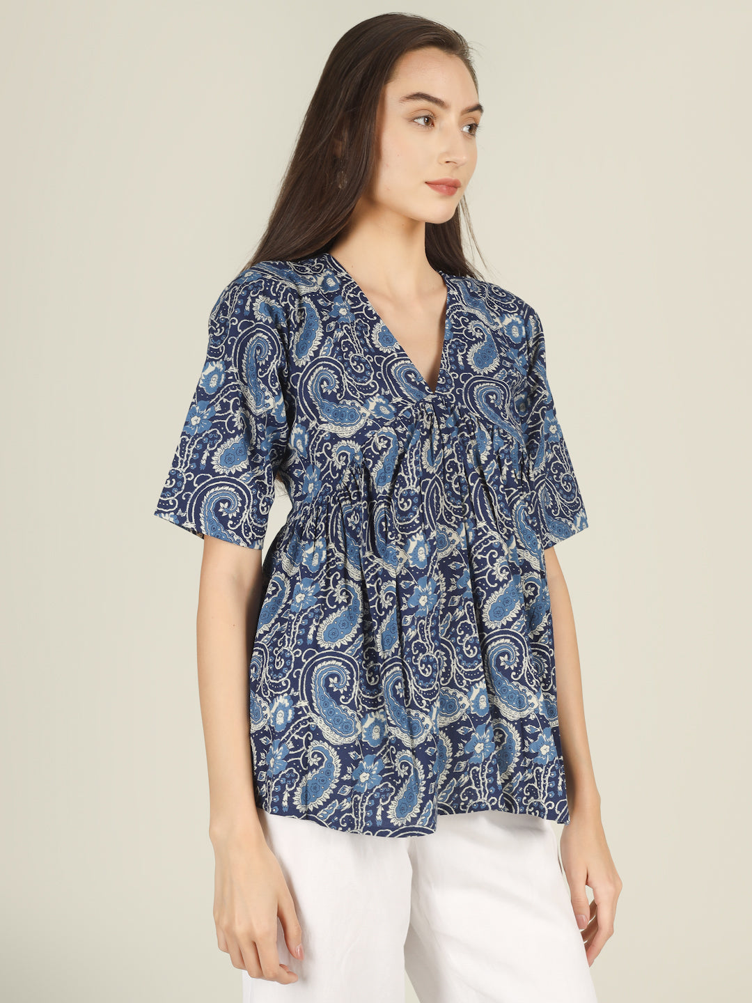 Blue Printed Half-Sleeve Alia-Cut Cotton Peplum Top