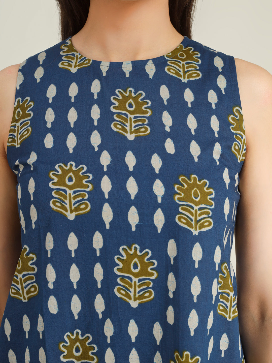 Blue Printed Sleeveless A-Line Cotton Dress