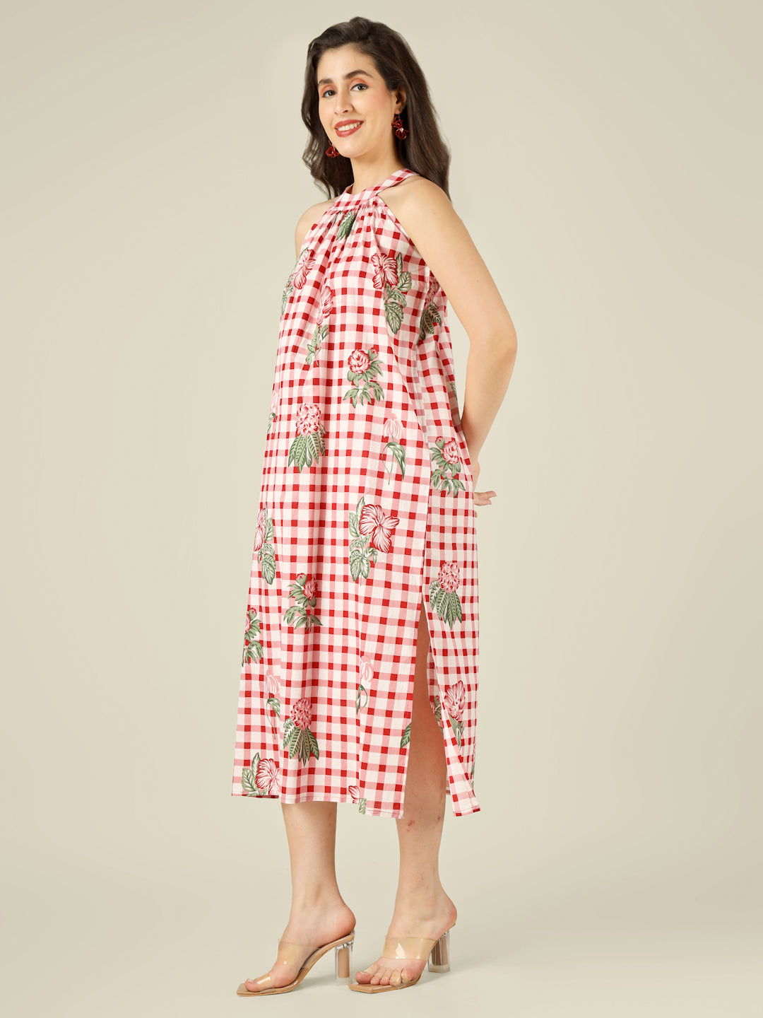 White Checked Halter Neck Long Sleeveless Cotton Dress