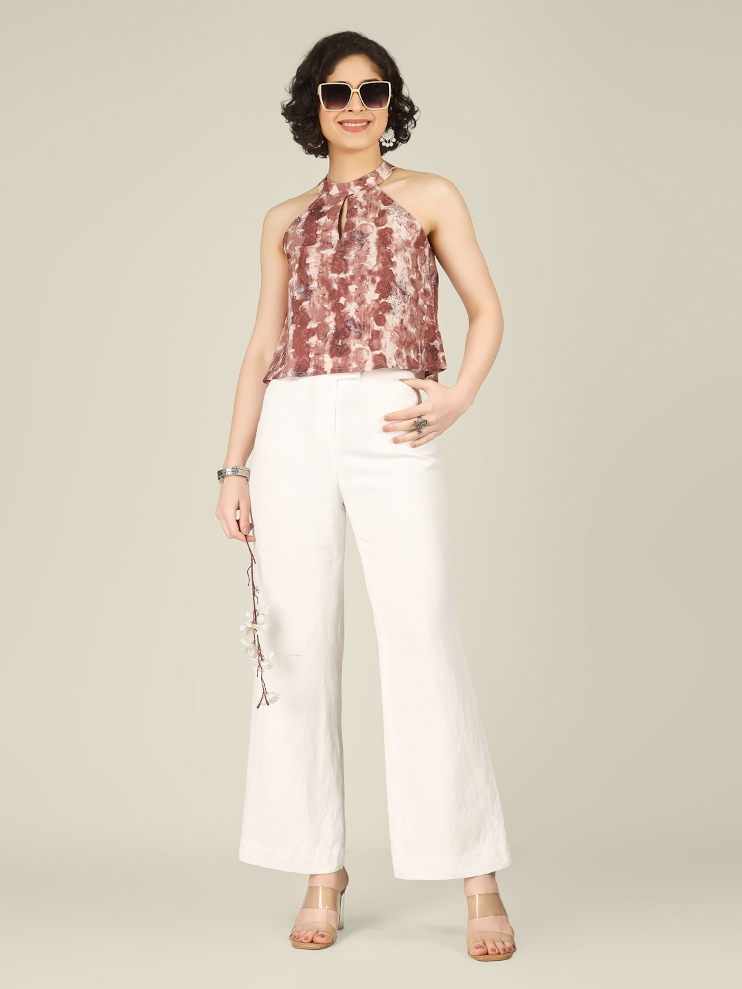 Brownish Red Printed Halter Neck Sleeveless Cotton Top