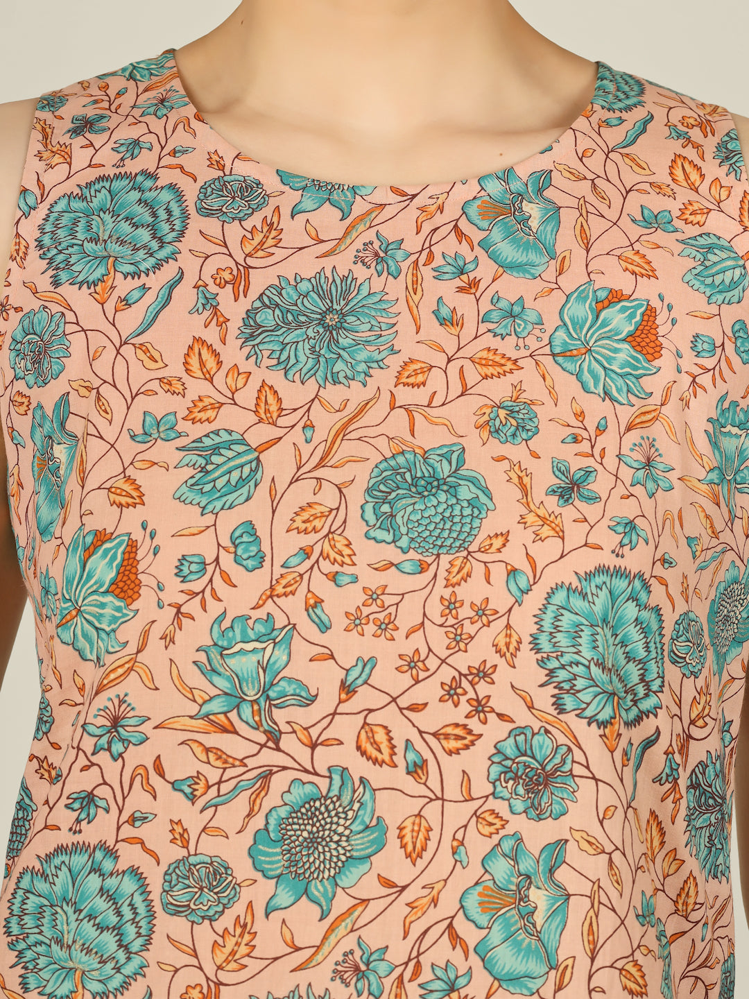 Peach Printed Round Neck Sleeveless Cotton Top
