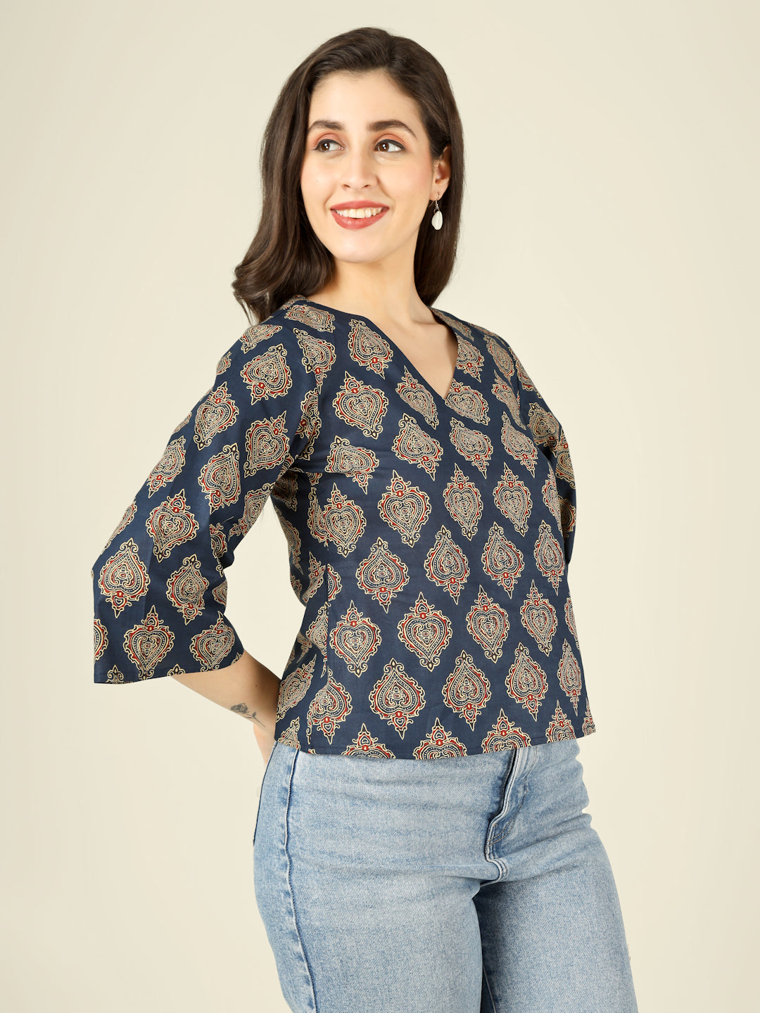 Navy Blue Printed Straight Bell-Sleeves Top