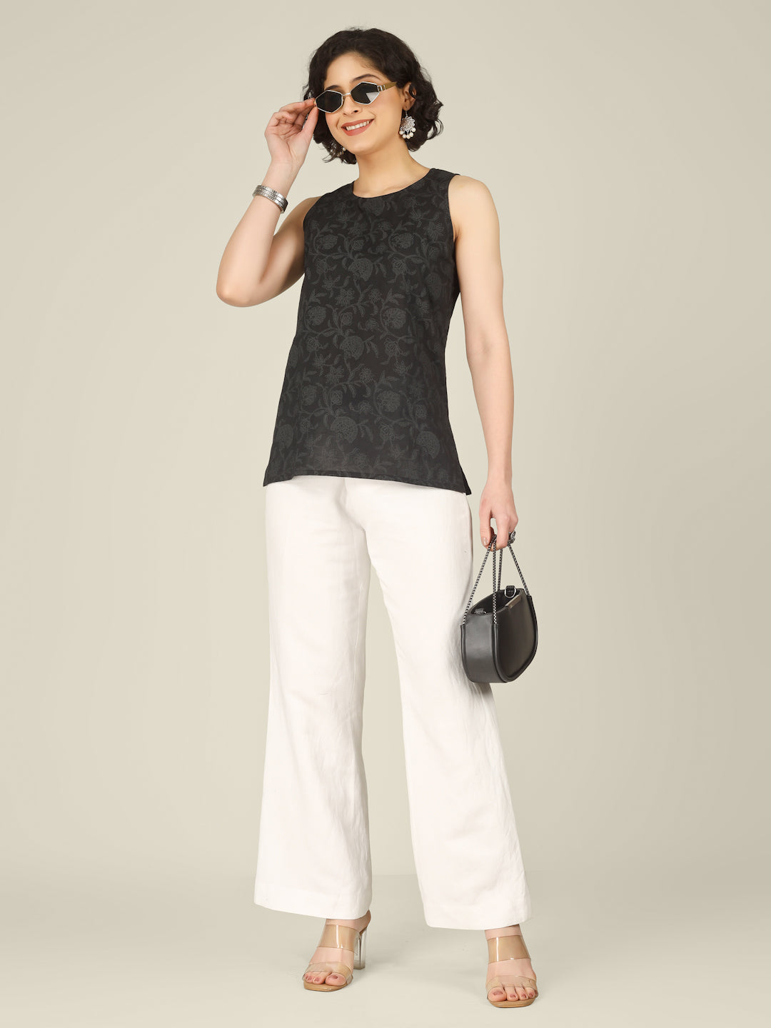Black Printed Round Neck Sleeveless Cotton Top
