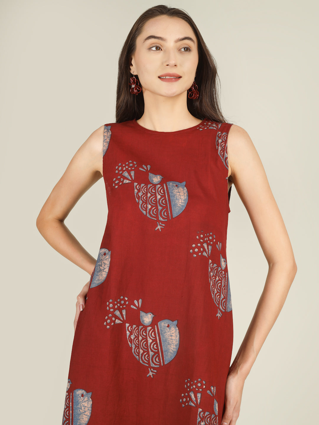 Red Printed Sleeveless A-Line Cotton Dress
