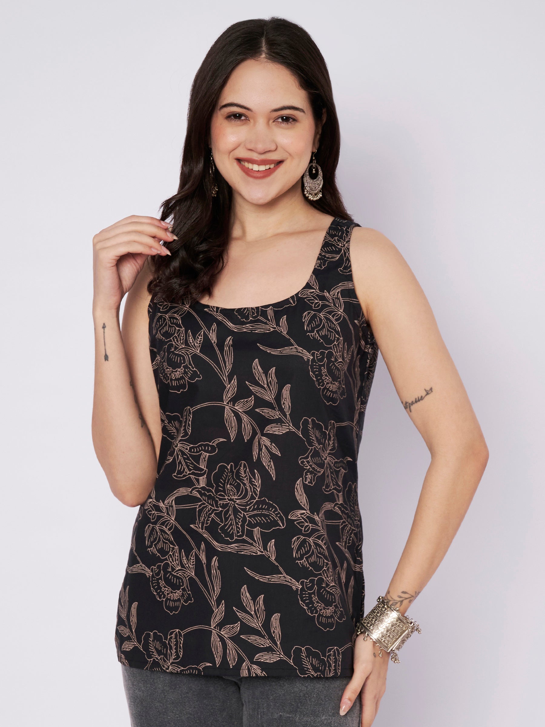 Black Printed Sleeveless Cotton Top