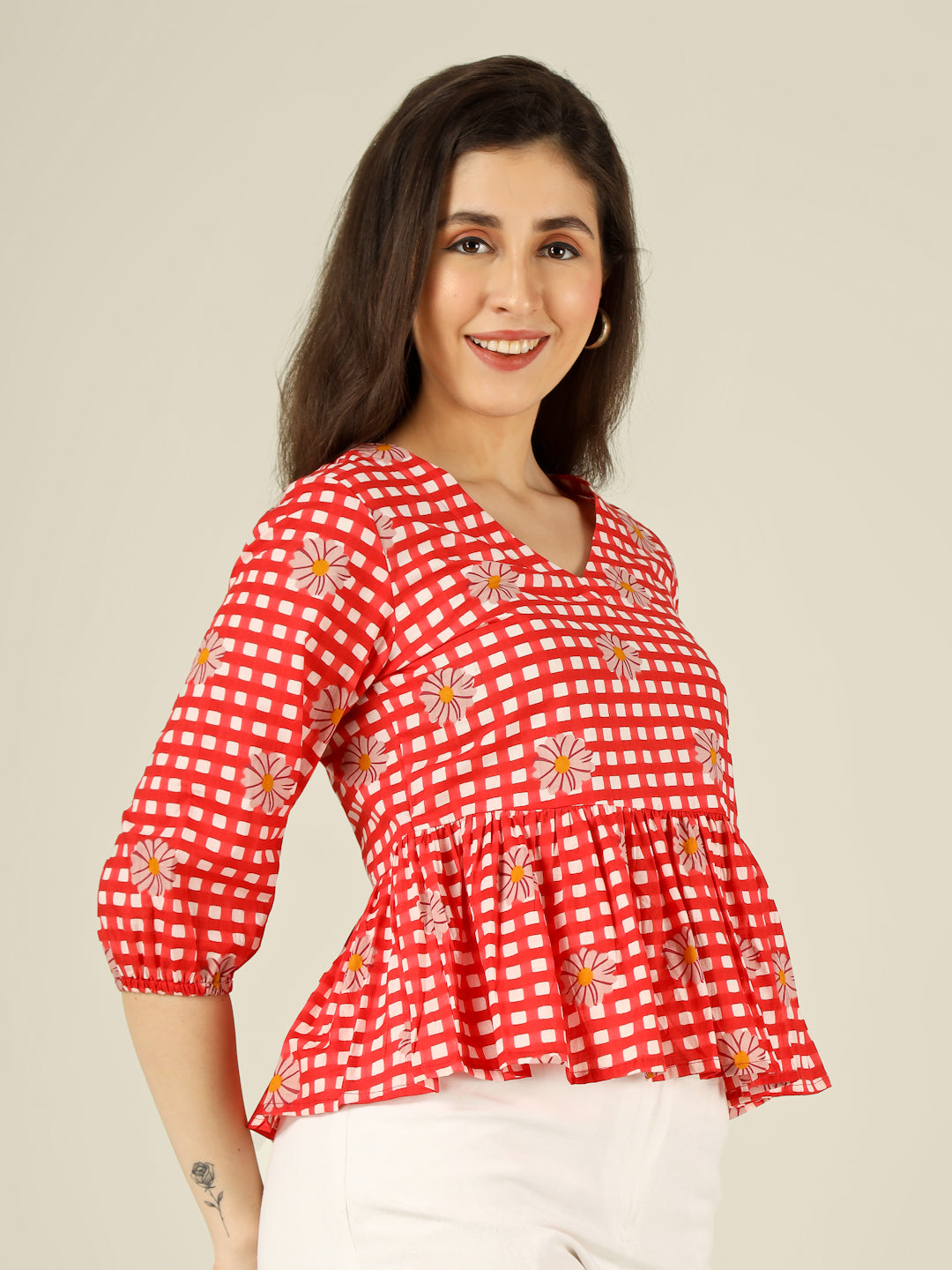 Red Checked Cotton Peplum Top