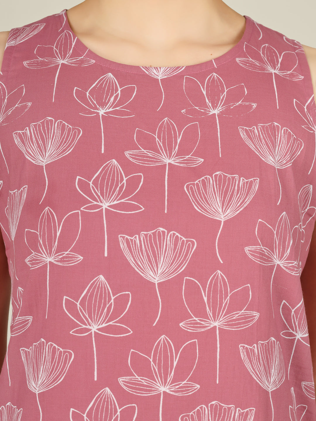 Pink Printed Round Neck Sleeveless Cotton Top