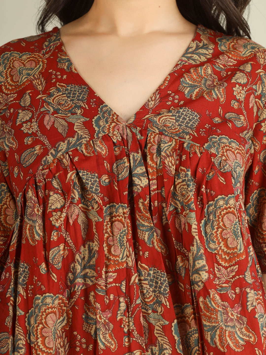 Maroon Printed Half-Sleeve Alia-Cut Cotton Top