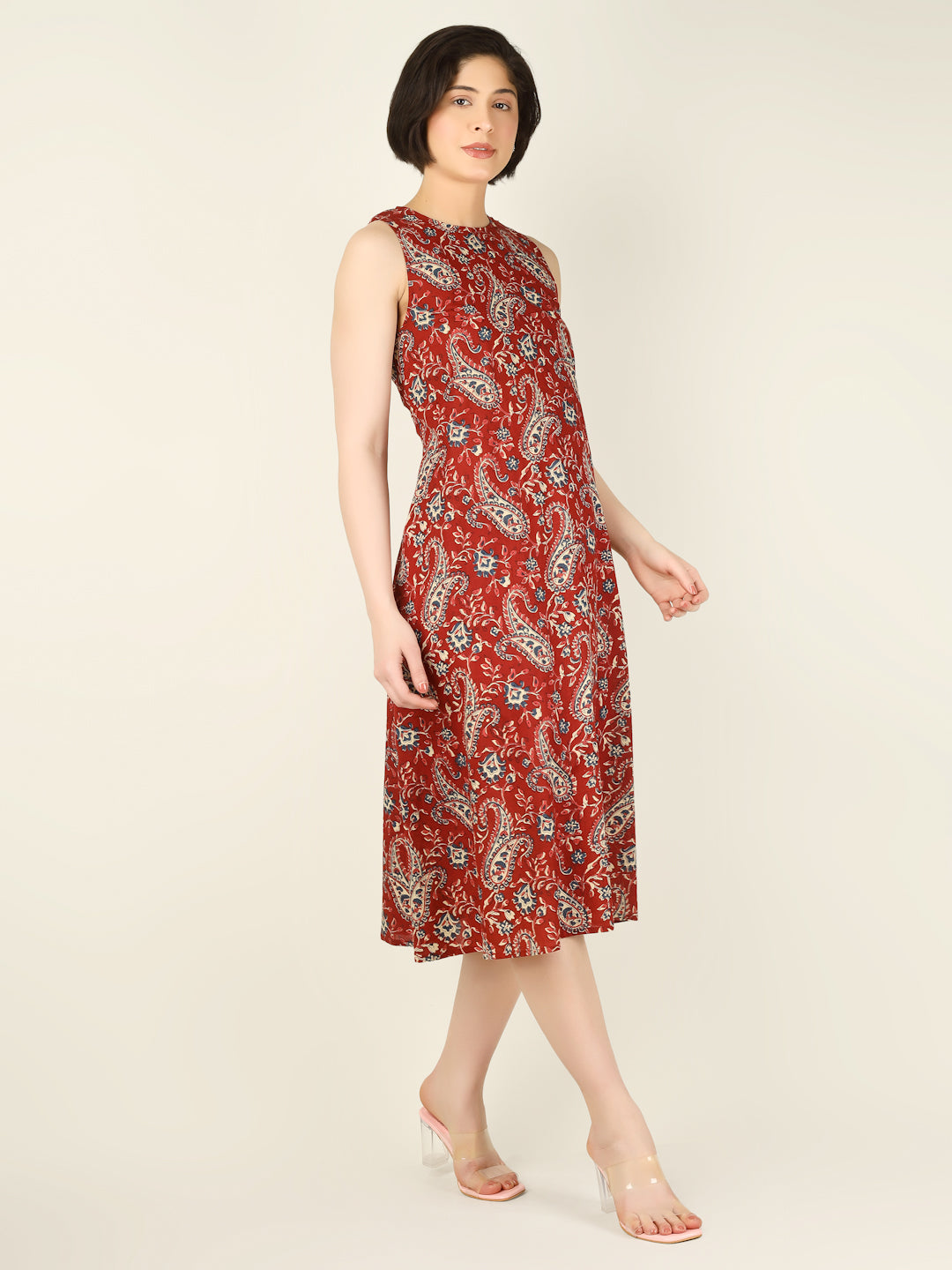 Maroon Printed Sleeveless A-Line Cotton Dress