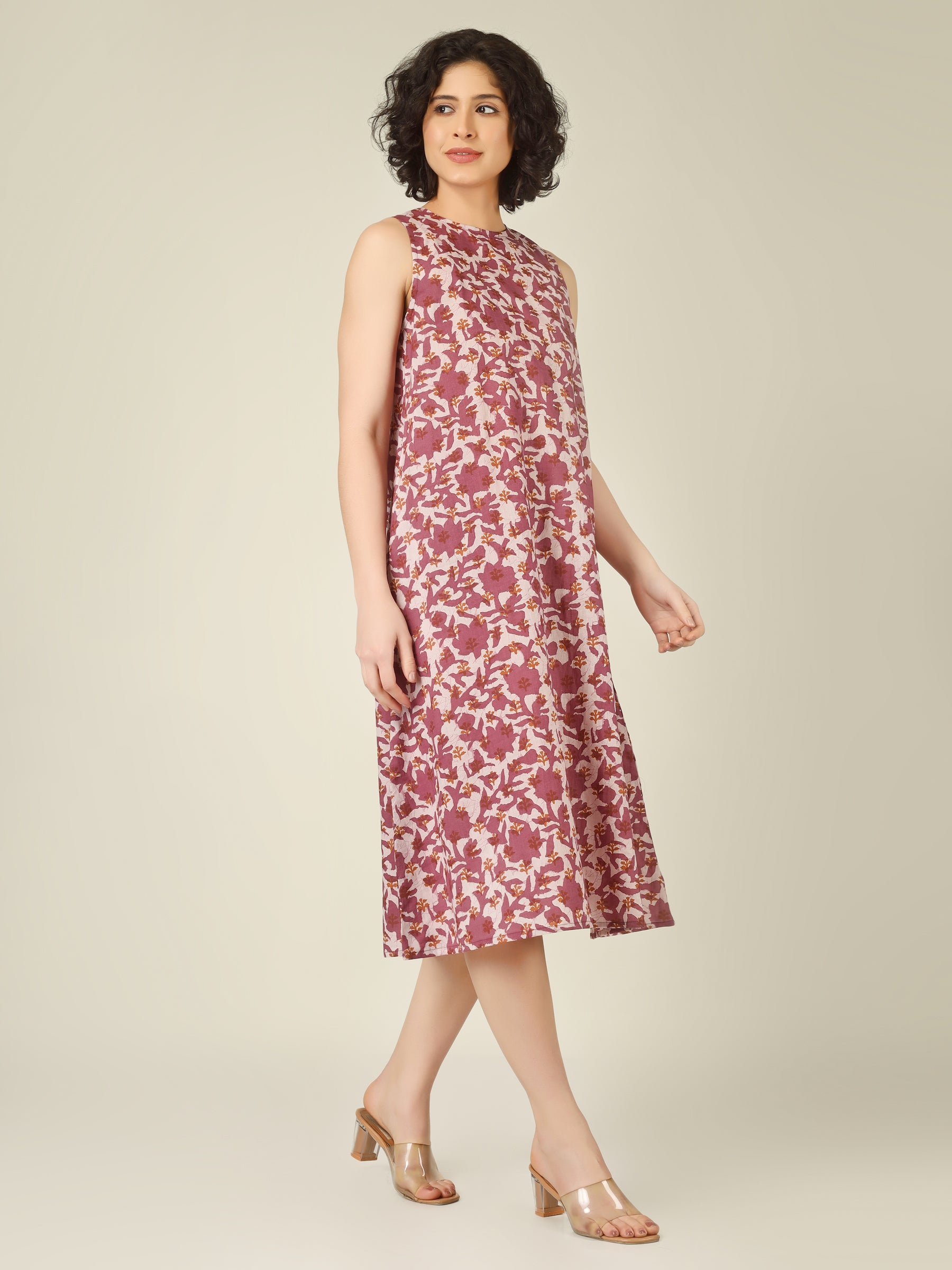 White Printed Sleeveless A-Line Cotton Dress