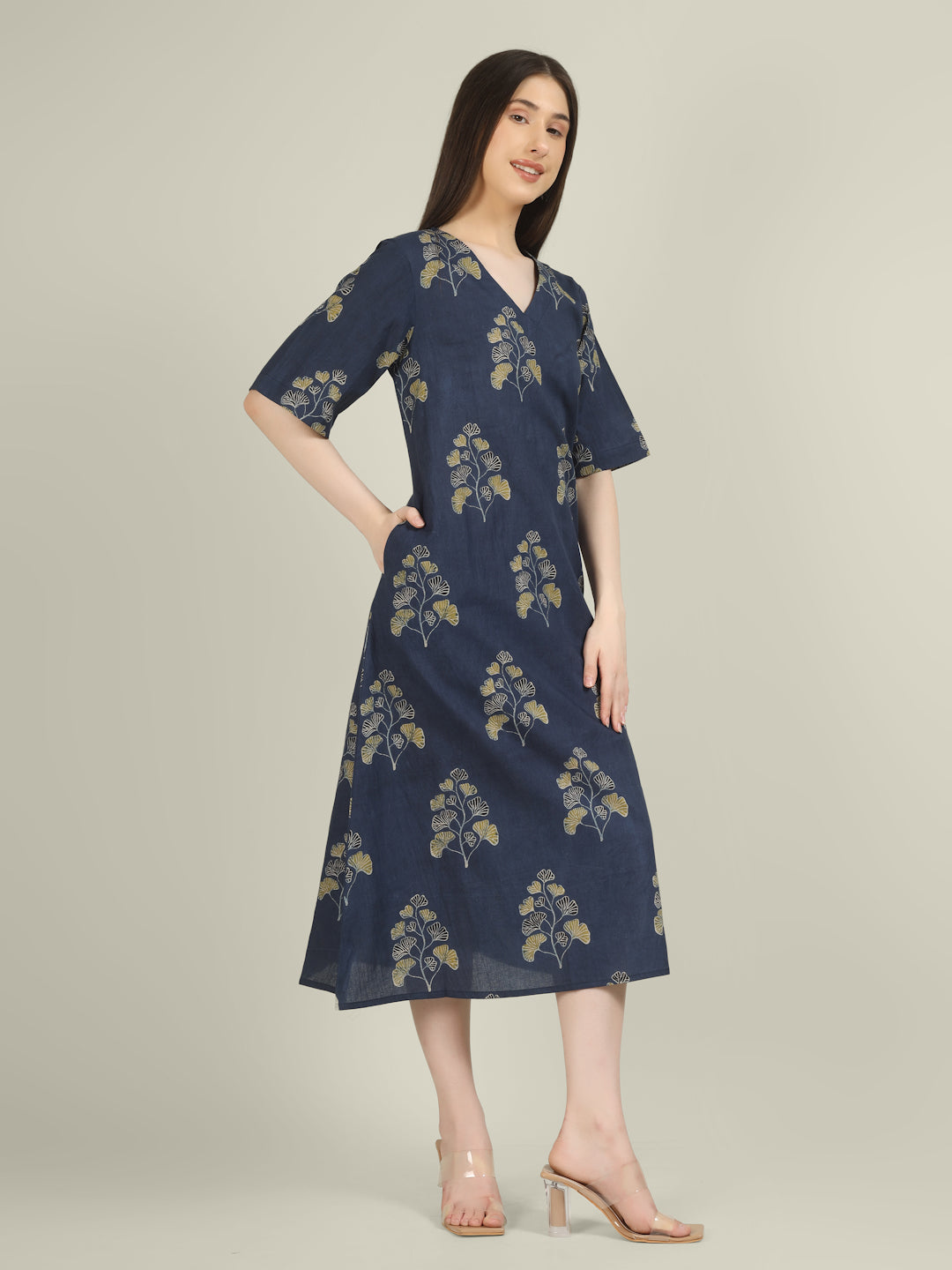 Blue Printed Half-Sleeve A-Line Cotton Dress