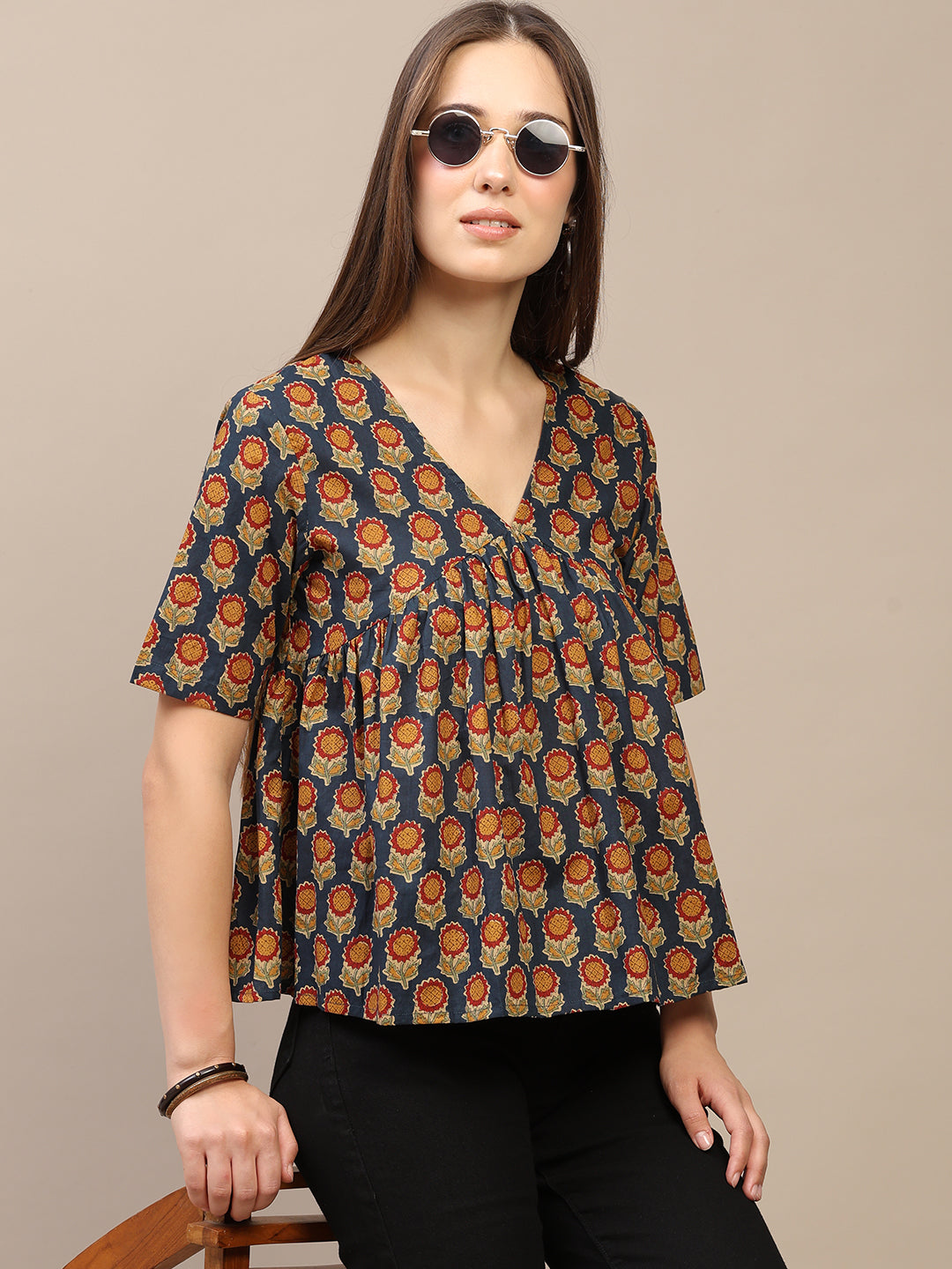 Navy Blue Printed Half-Sleeve Alia-Cut Cotton Top
