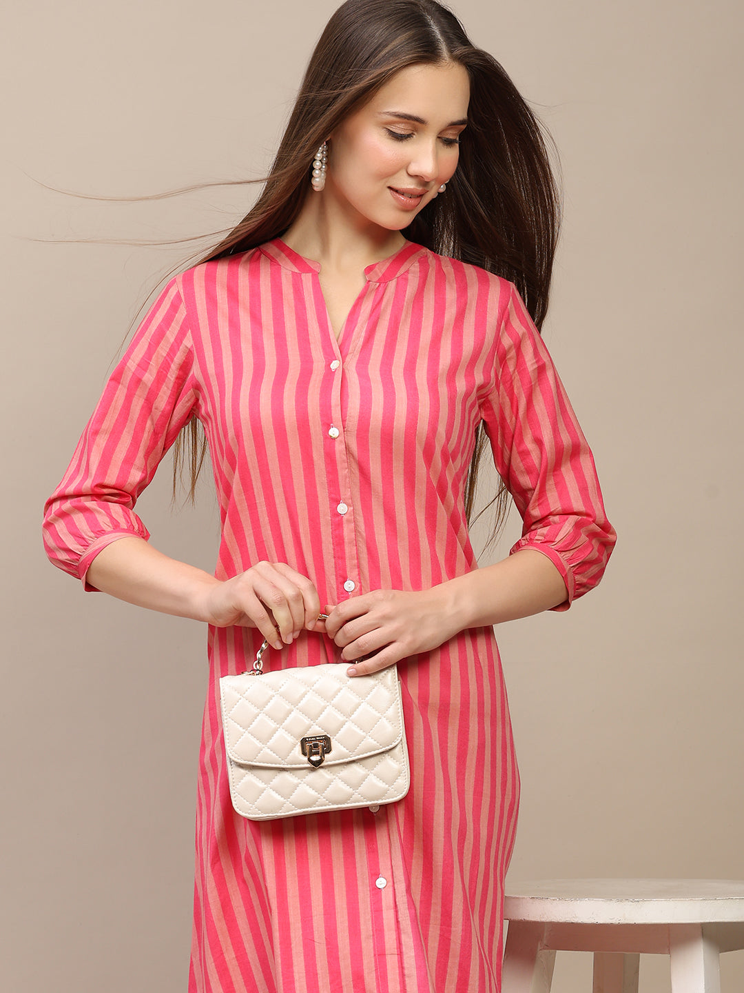 Pink Striped A-Line Cotton Dress