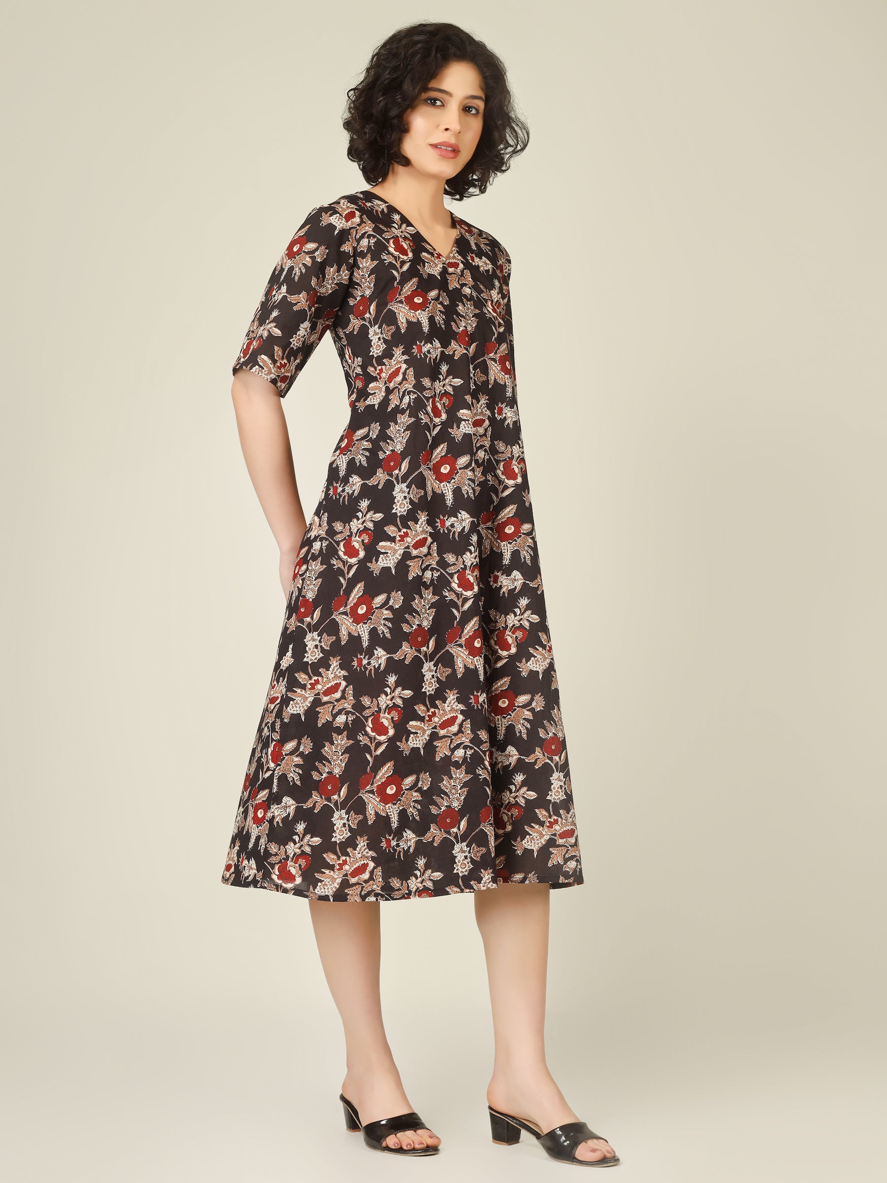 Black Printed Half-Sleeve A-Line Cotton Dress