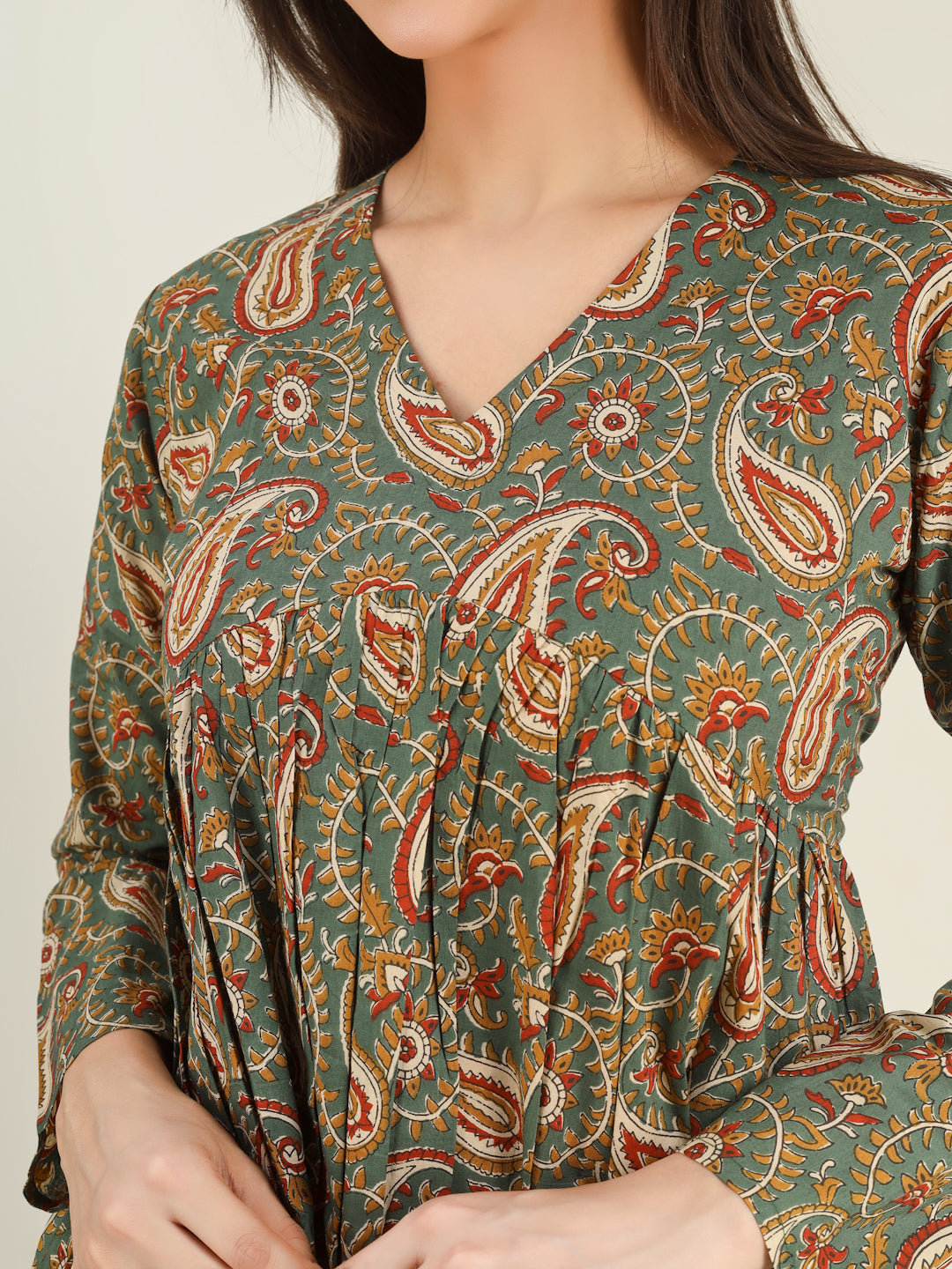 Green Printed Full-Sleeves Alia-Cut Cotton Top